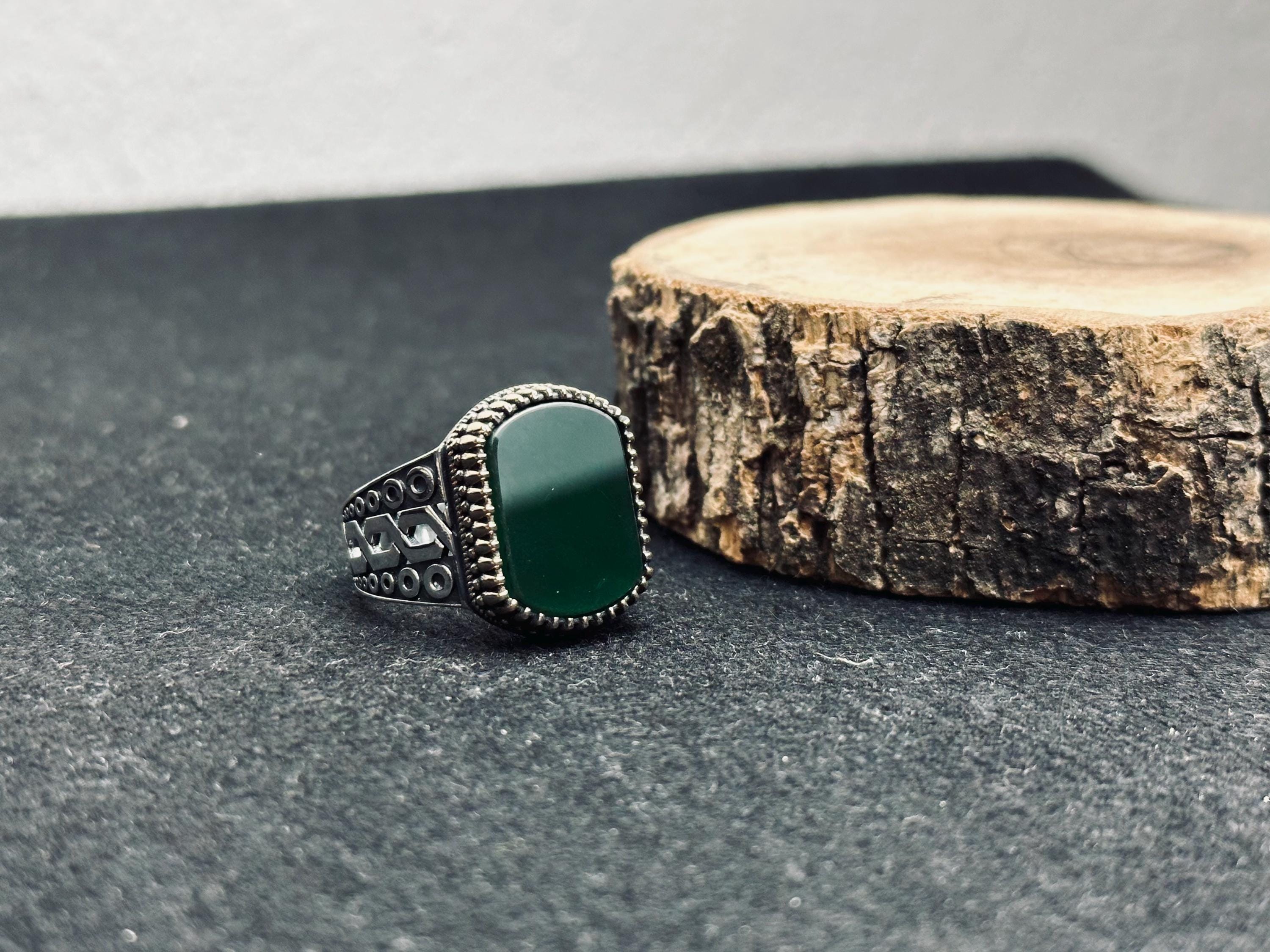 Turkish Sterling Silver Men's Ring, Emerald Agate Square (Vintage Style)
