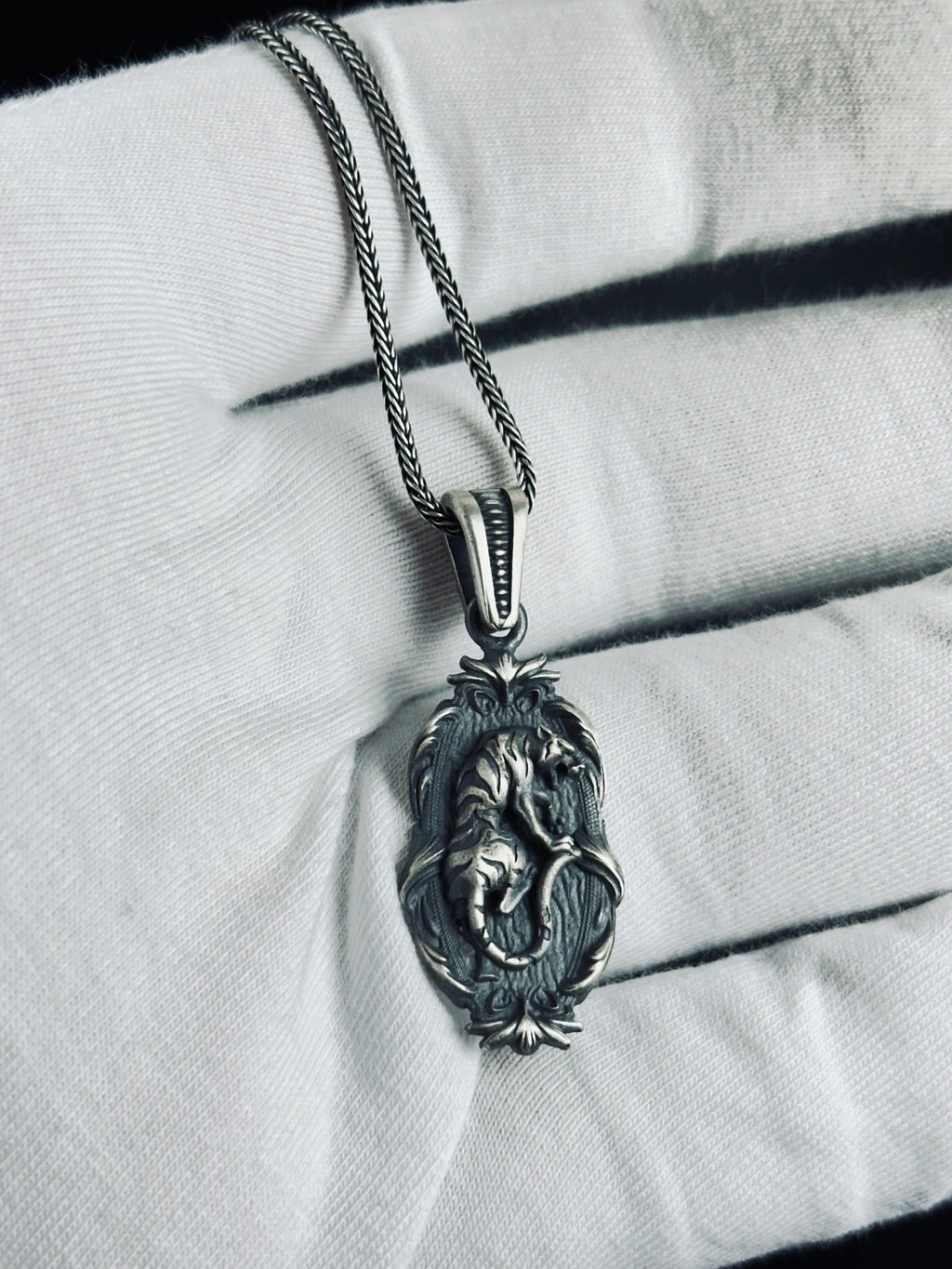 Jaguar Pendant Necklace: Silver with Embroidery (Multiple Chain Lengths)