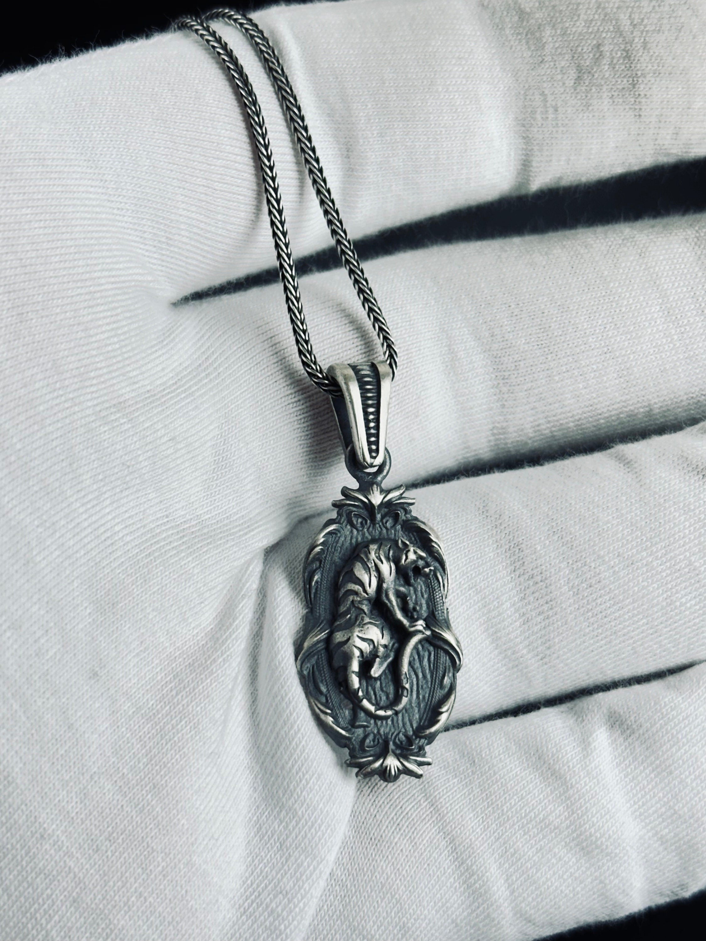 Jaguar Pendant Necklace: Silver with Embroidery (Multiple Chain Lengths)