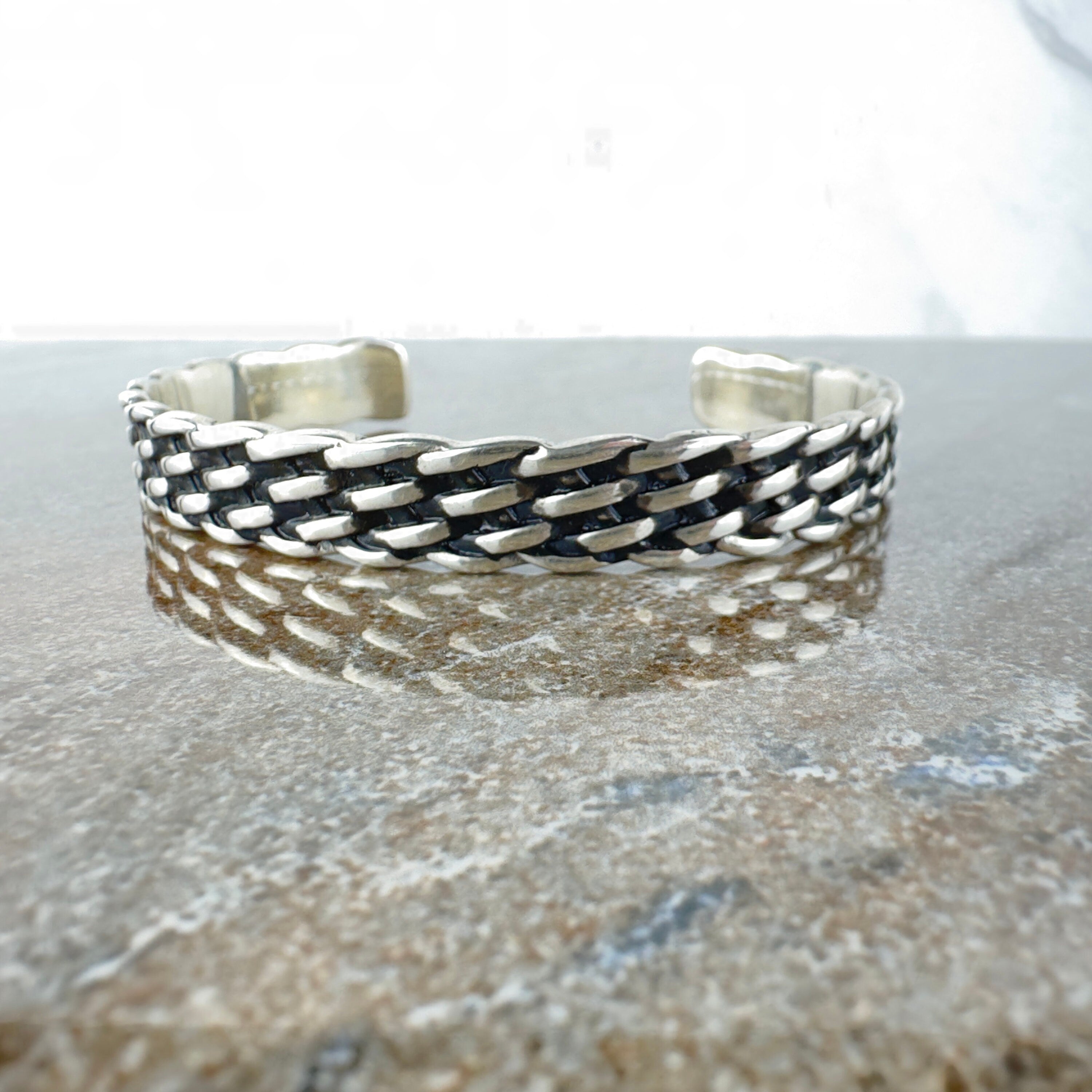 Silver Woven Cuff Bracelet - Adjustable Engraved Band