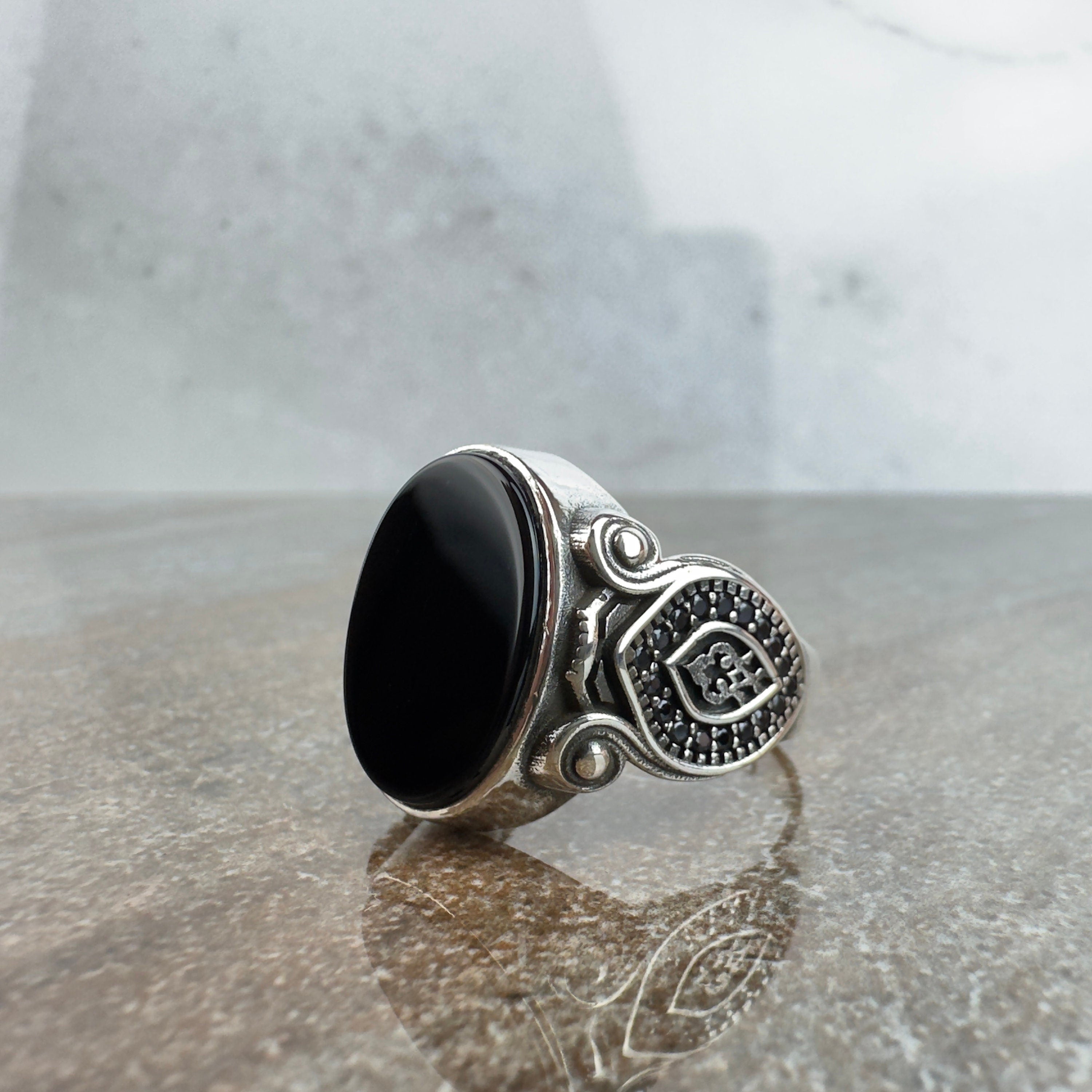 Sterling Silver Ring: Onyx Gemstone with Eagle Design - Handmade