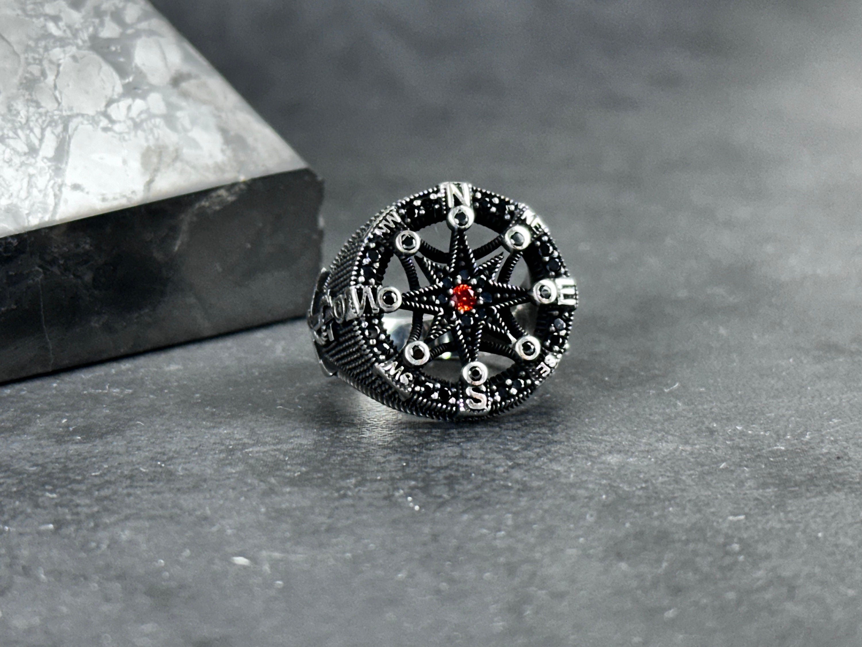 Sailor Sterling Silver Compass Ring (Handmade, Gift Box Included)