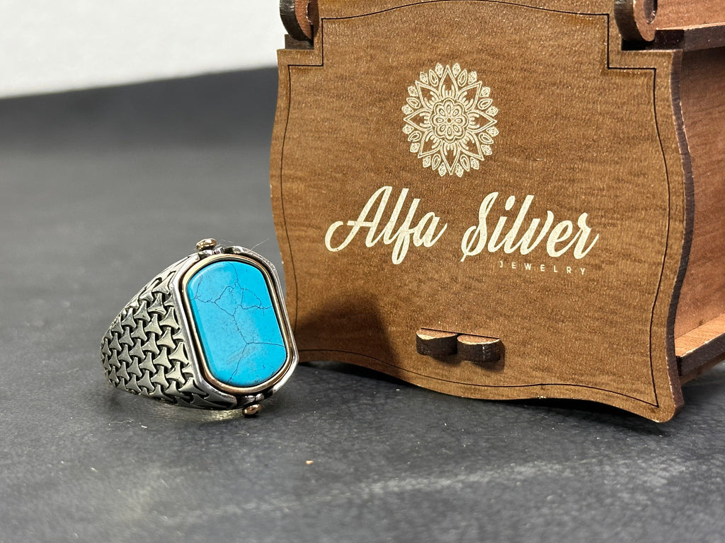 Turquoise Men's Ring - Sterling Silver, Square Gemstone