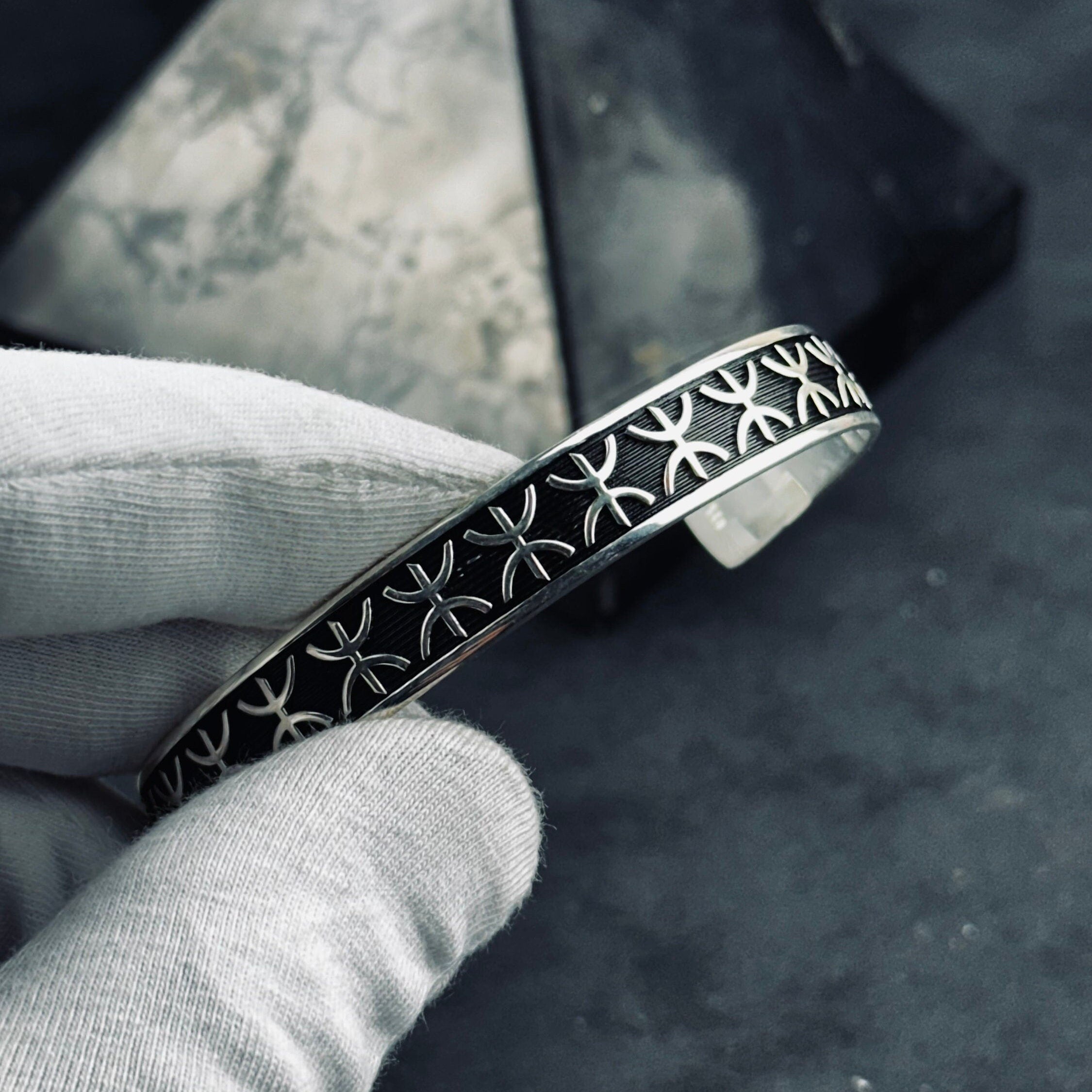 Sterling Silver Cuff Bracelet: Embroidered Pattern - Unisex Adjustable