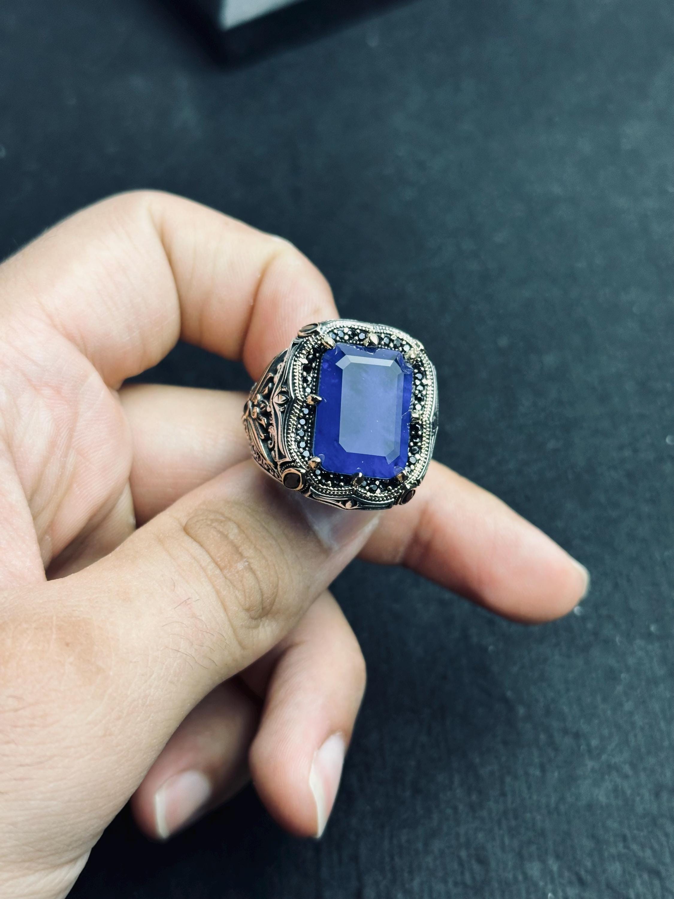 Blue CZ Men's Ring: Handmade Sterling Silver, Turkish Statement