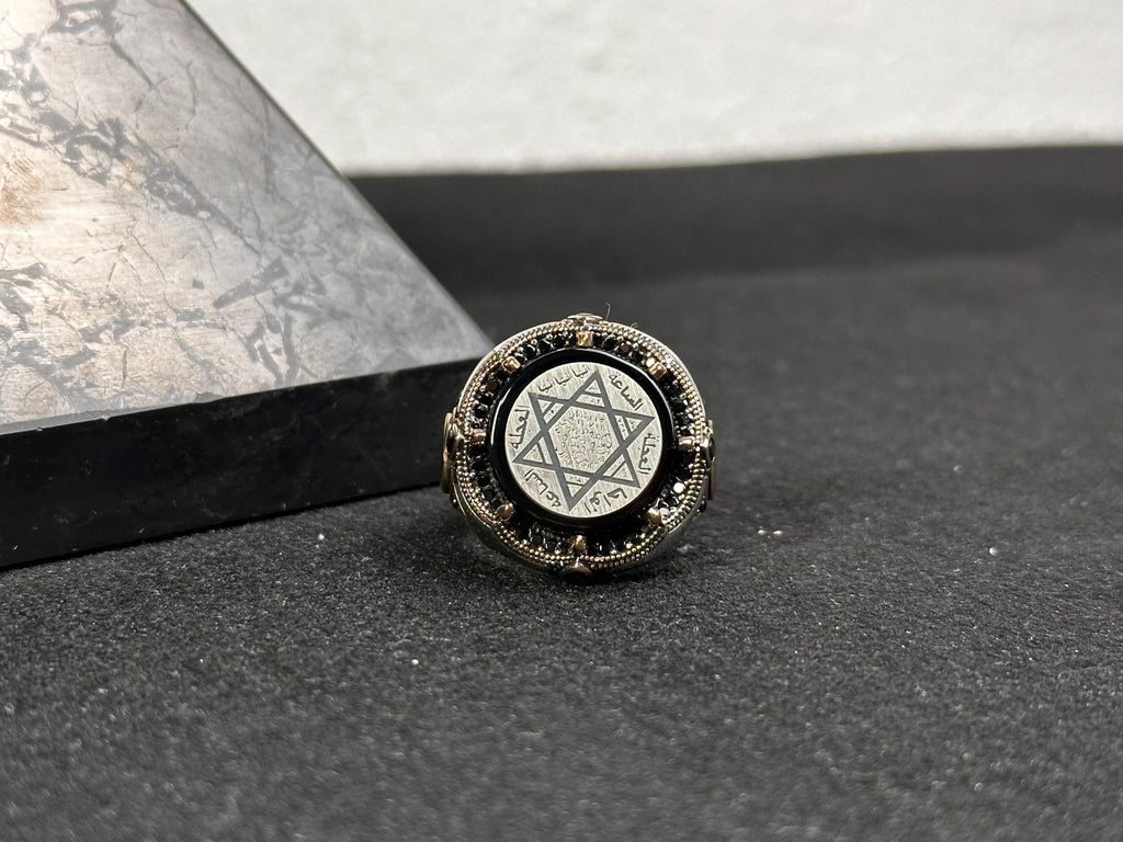 Engraved Seal of Solomon Ring: Amber, Sterling Silver (Men's Signet)