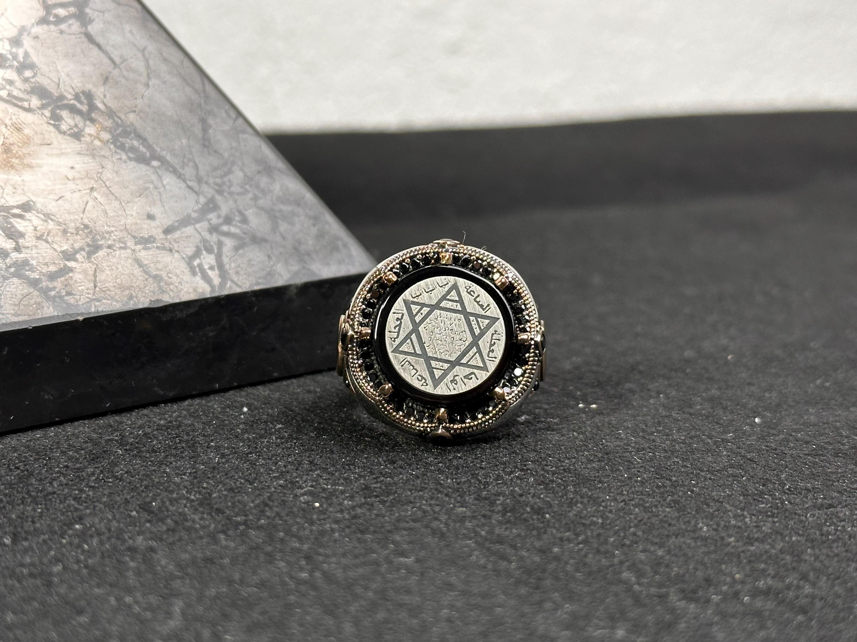 Engraved Seal of Solomon Ring: Amber, Sterling Silver (Men's Signet)