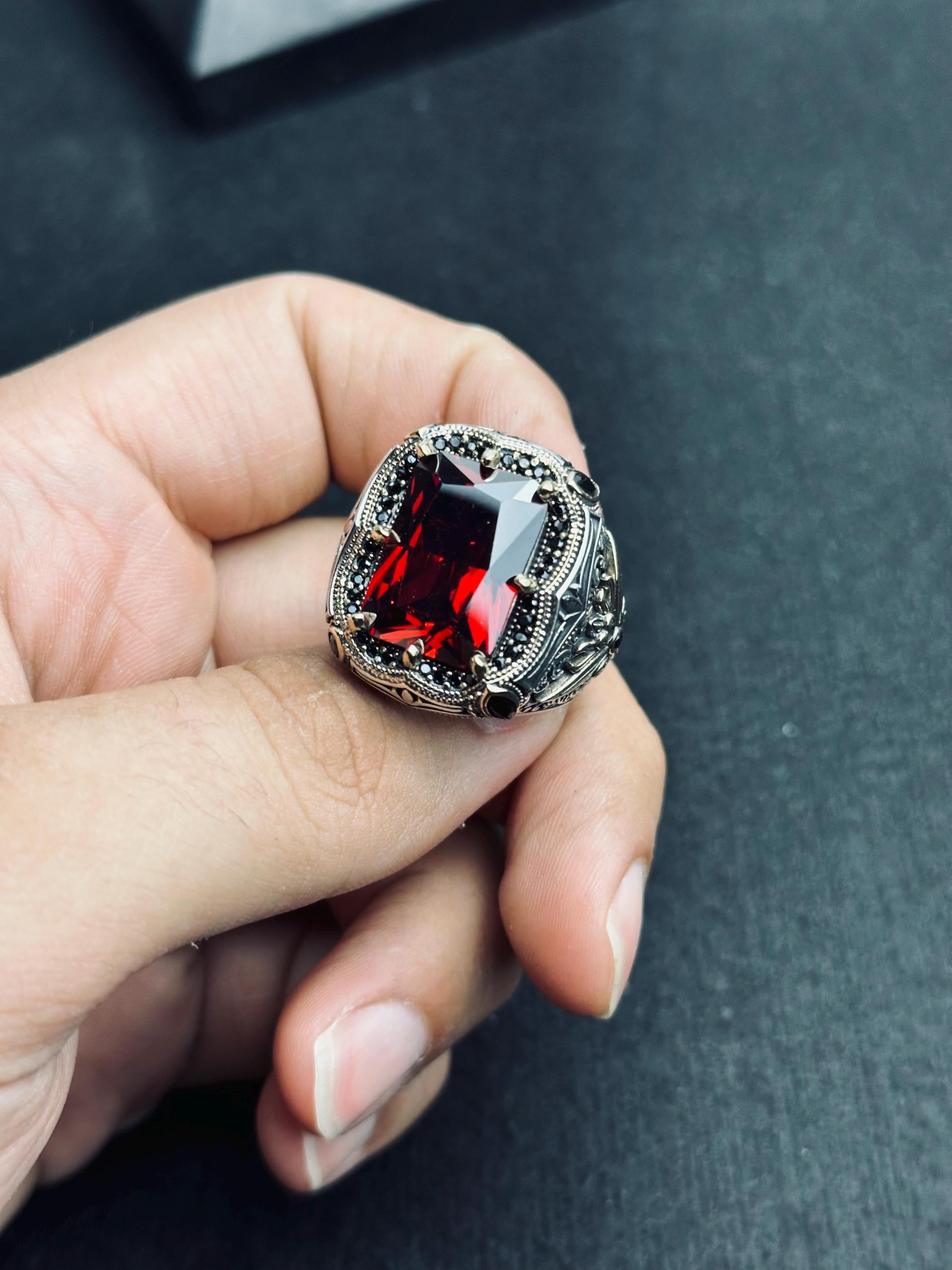 Ottoman Style Ruby Ring - Men's Sterling Silver Statement Jewelry