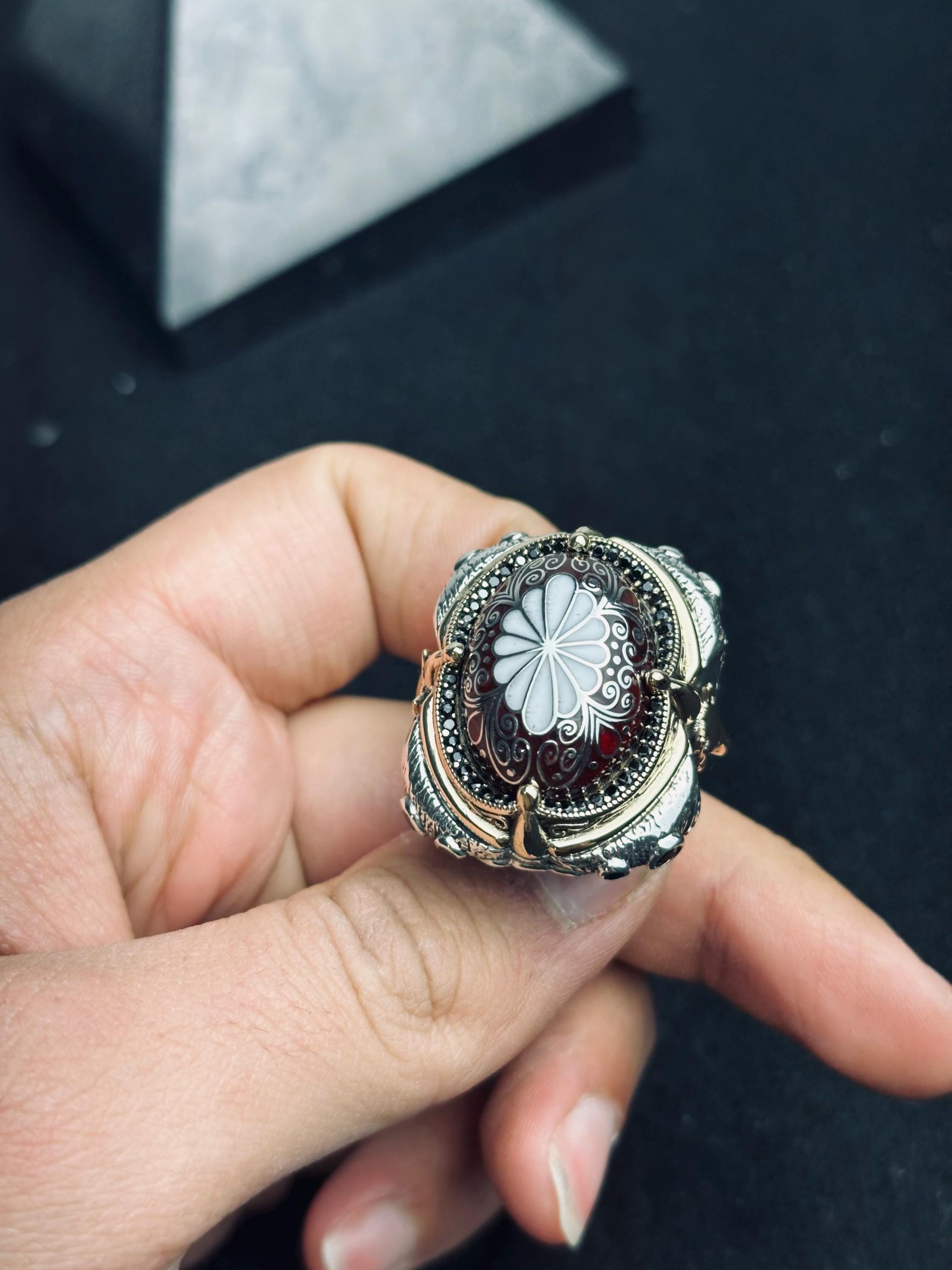 Red Enamel Ottoman Ring, 925 Sterling Silver, Turkish Jewelry