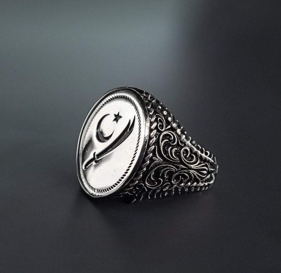 Embroidered Sword Moon Star Ring: Handmade 925 Sterling Silver