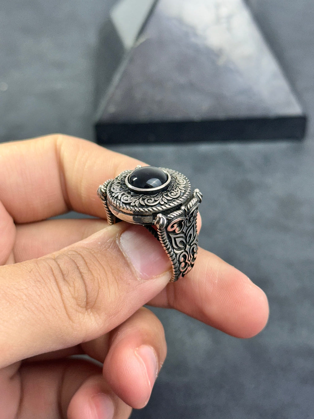 Greek Motif Onyx Ring - Sterling Silver Men's Jewelry