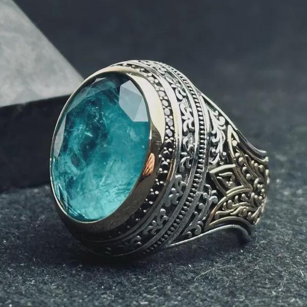 Men's Statement Ring: Square Aquamarine and Eagle Heads (Sterling Silver)