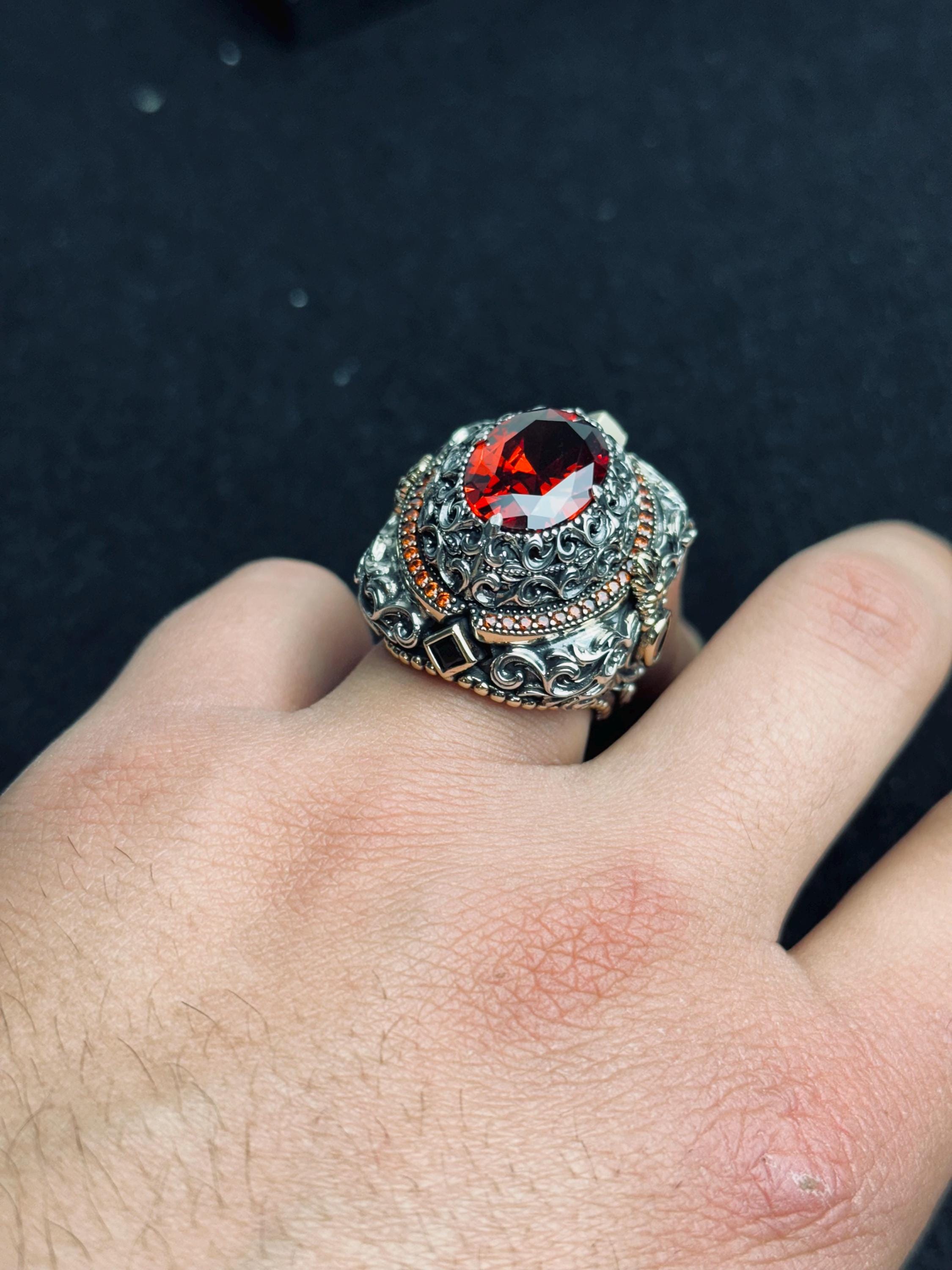Ruby Ring, 925 Sterling Silver Victorian Filigree Statement Ring