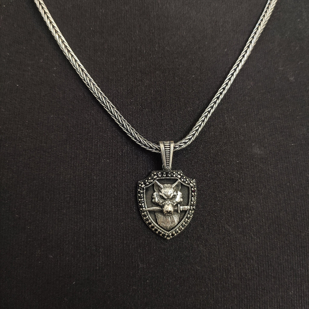 Wolf Shield Silver Necklace Pendant (Handmade, Men's Jewelry)