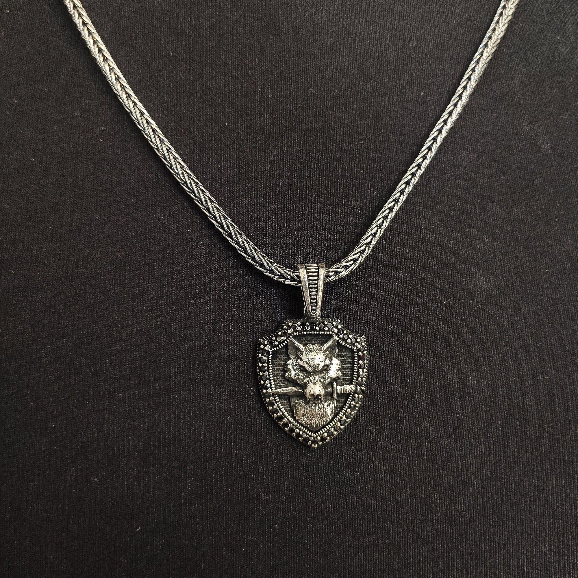 Wolf Shield Silver Necklace Pendant (Handmade, Men's Jewelry)