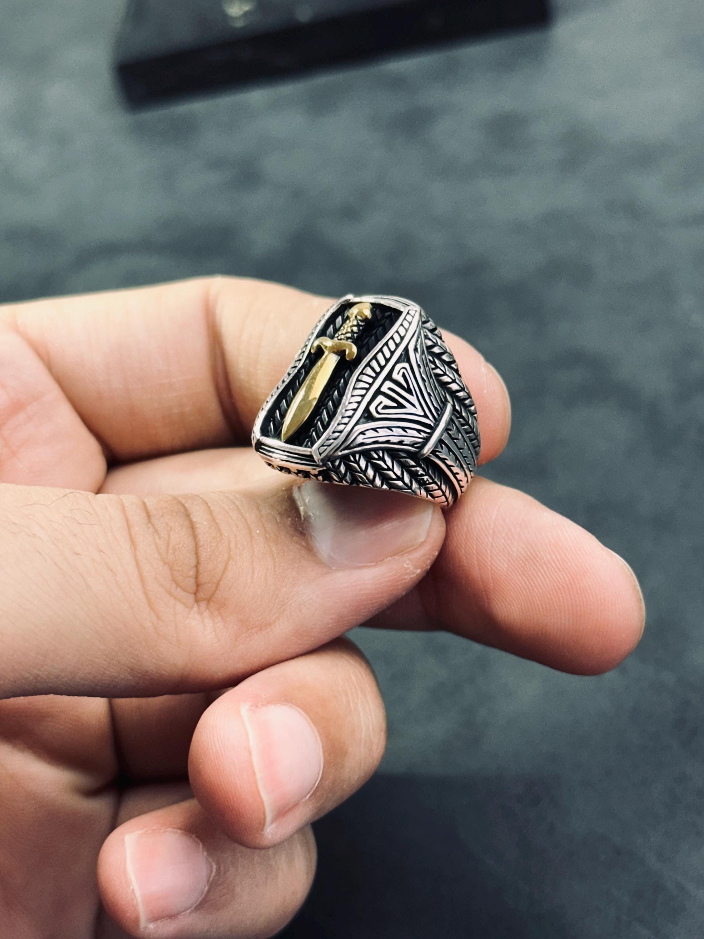 Sword Signet Ring: Handmade Silver with Gold Detail (Adjustable)