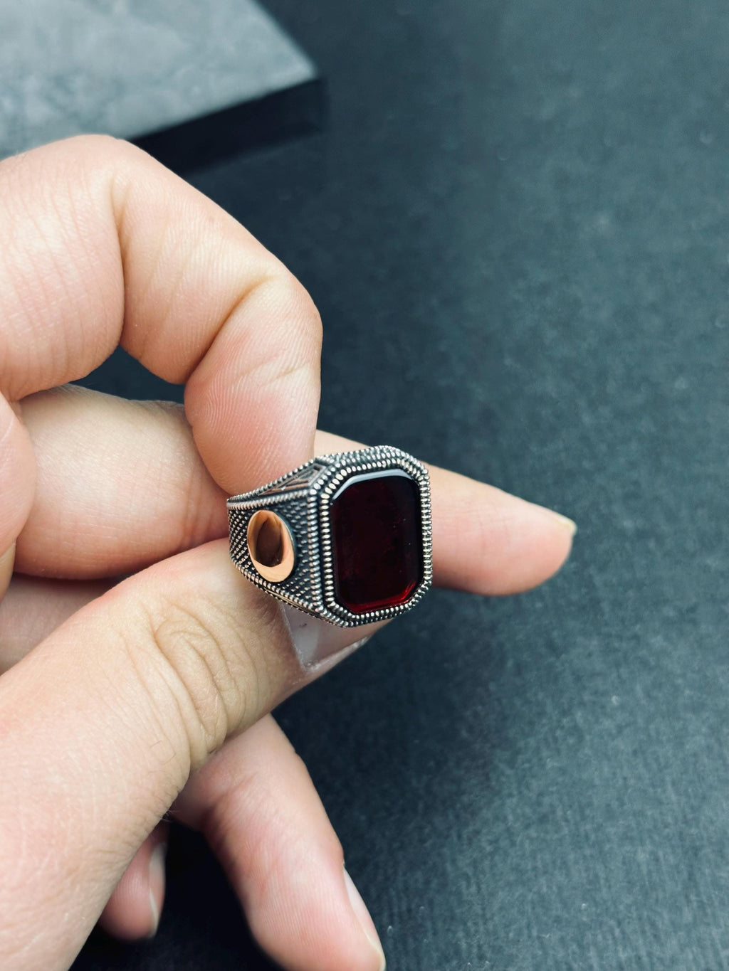 Red Aqeeq Men's Ring - Square Agate, Handmade Silver