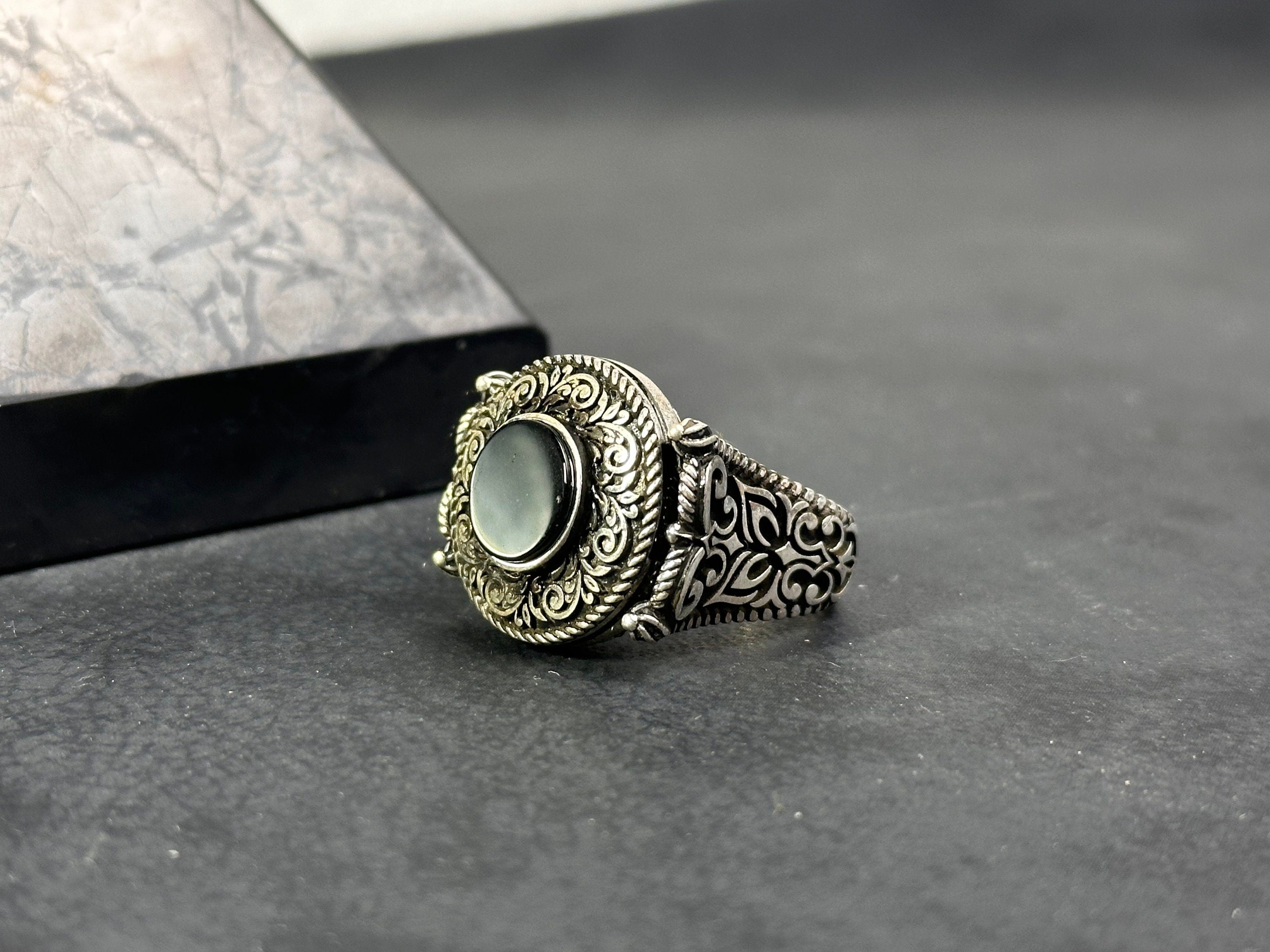 Engraved Greek Onyx Ring: Sterling Silver Flat Black Stone