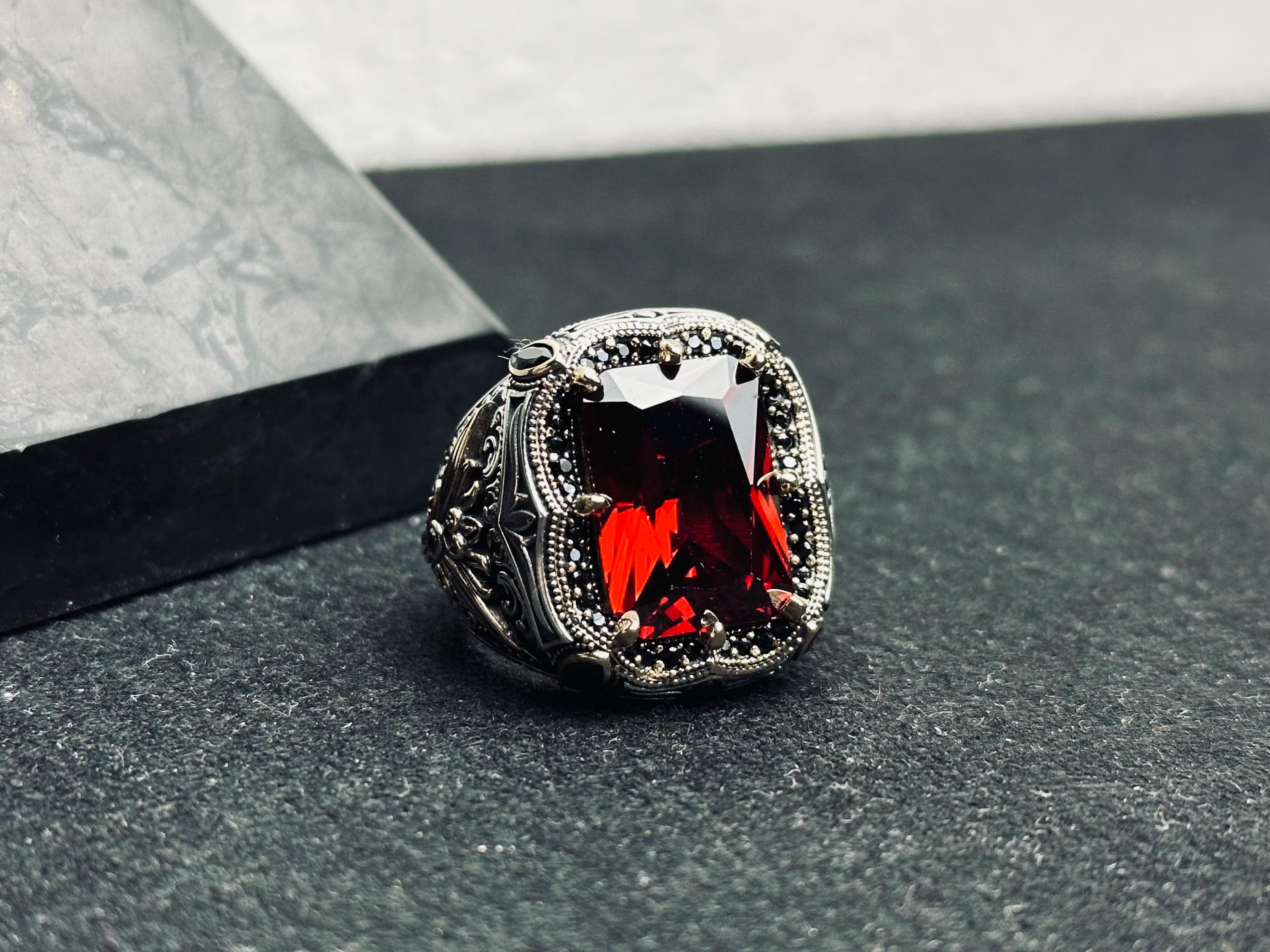 Ottoman Style Ruby Ring - Men's Sterling Silver Statement Jewelry