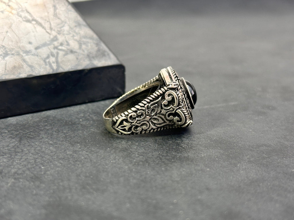 Greek Motif Onyx Ring - Sterling Silver Men's Jewelry