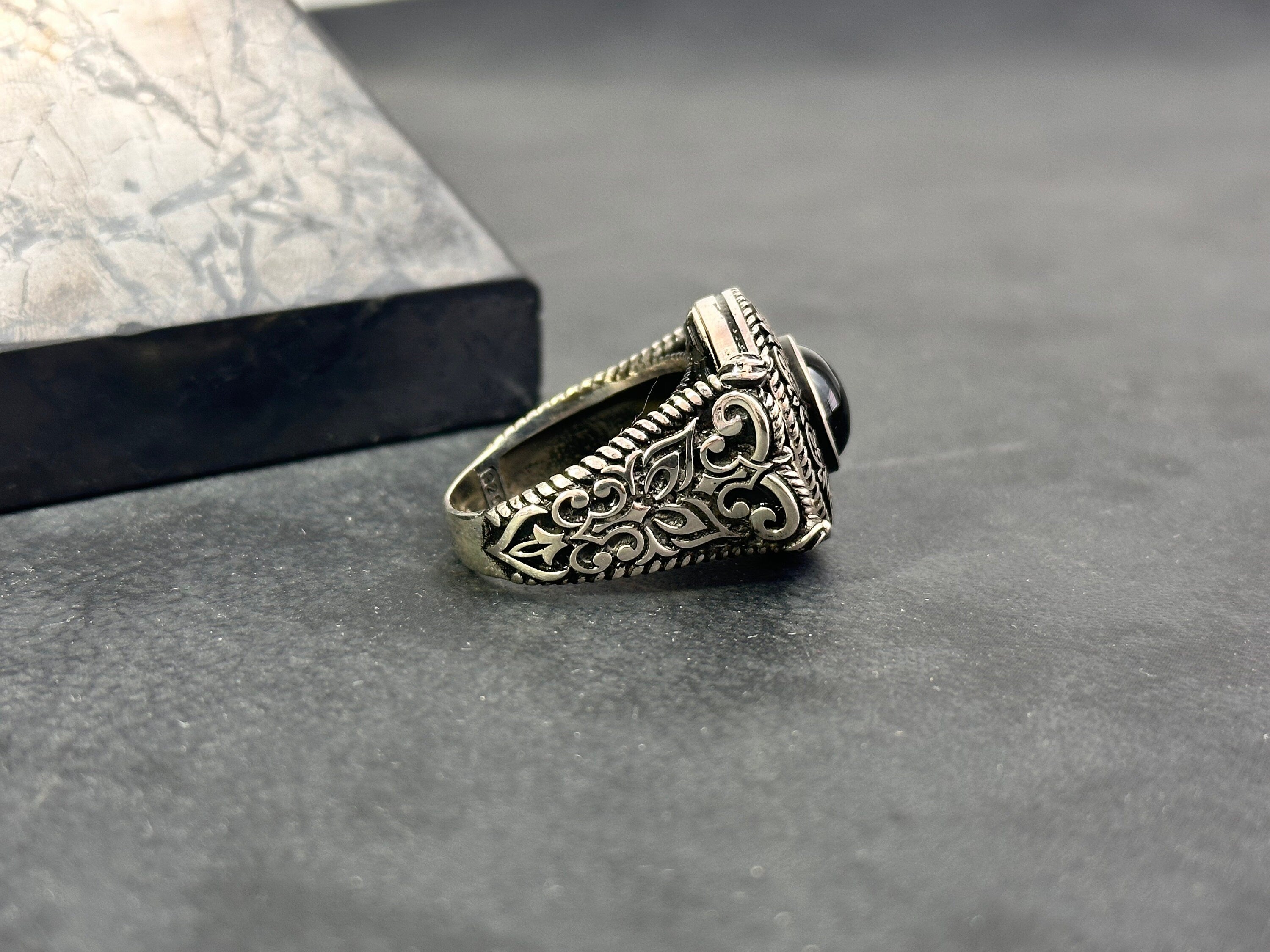 Greek Motif Onyx Ring - Sterling Silver Men's Jewelry