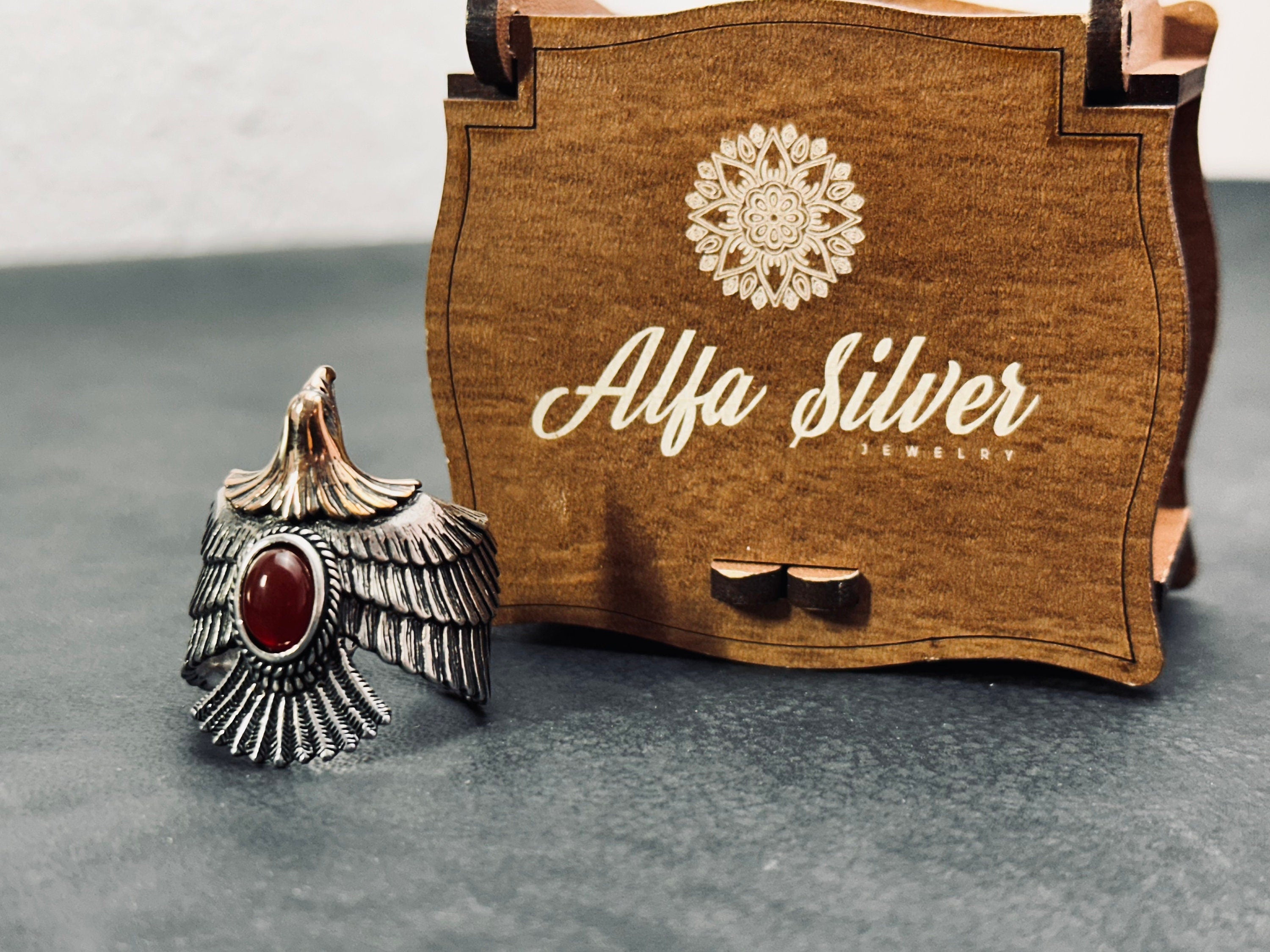 Oxidized Eagle Ring - Sterling Silver, Adjustable with Agate Gemstone