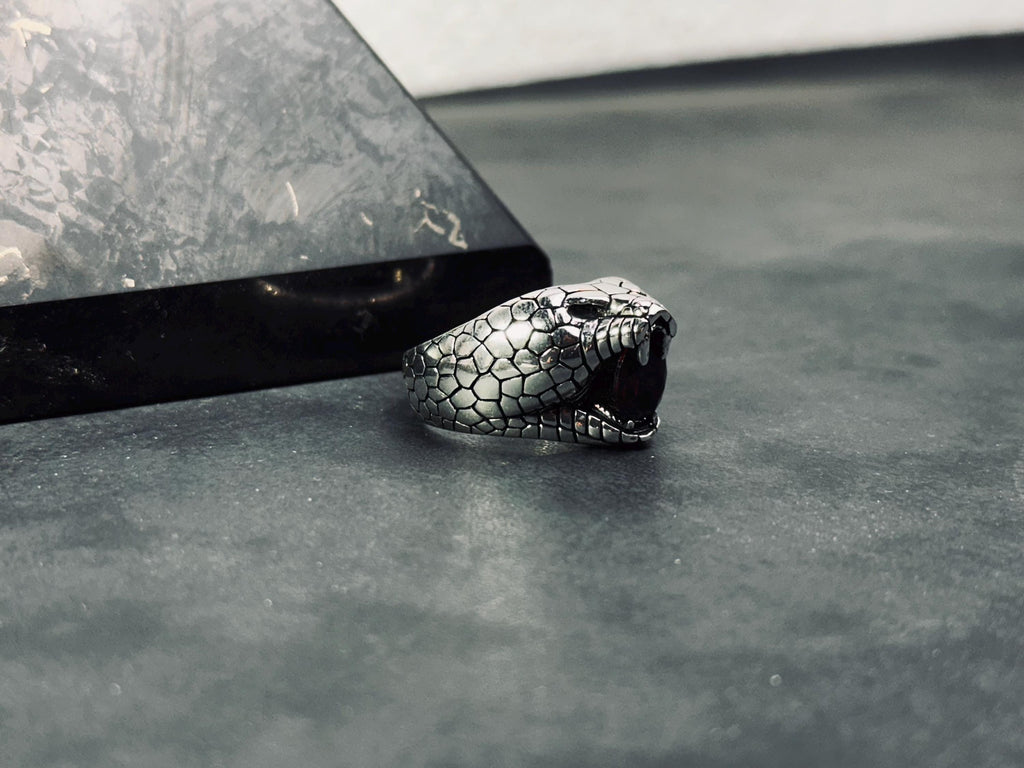 Engraved Sterling Silver Snake Ring: Red Cubic Zirconia Accent