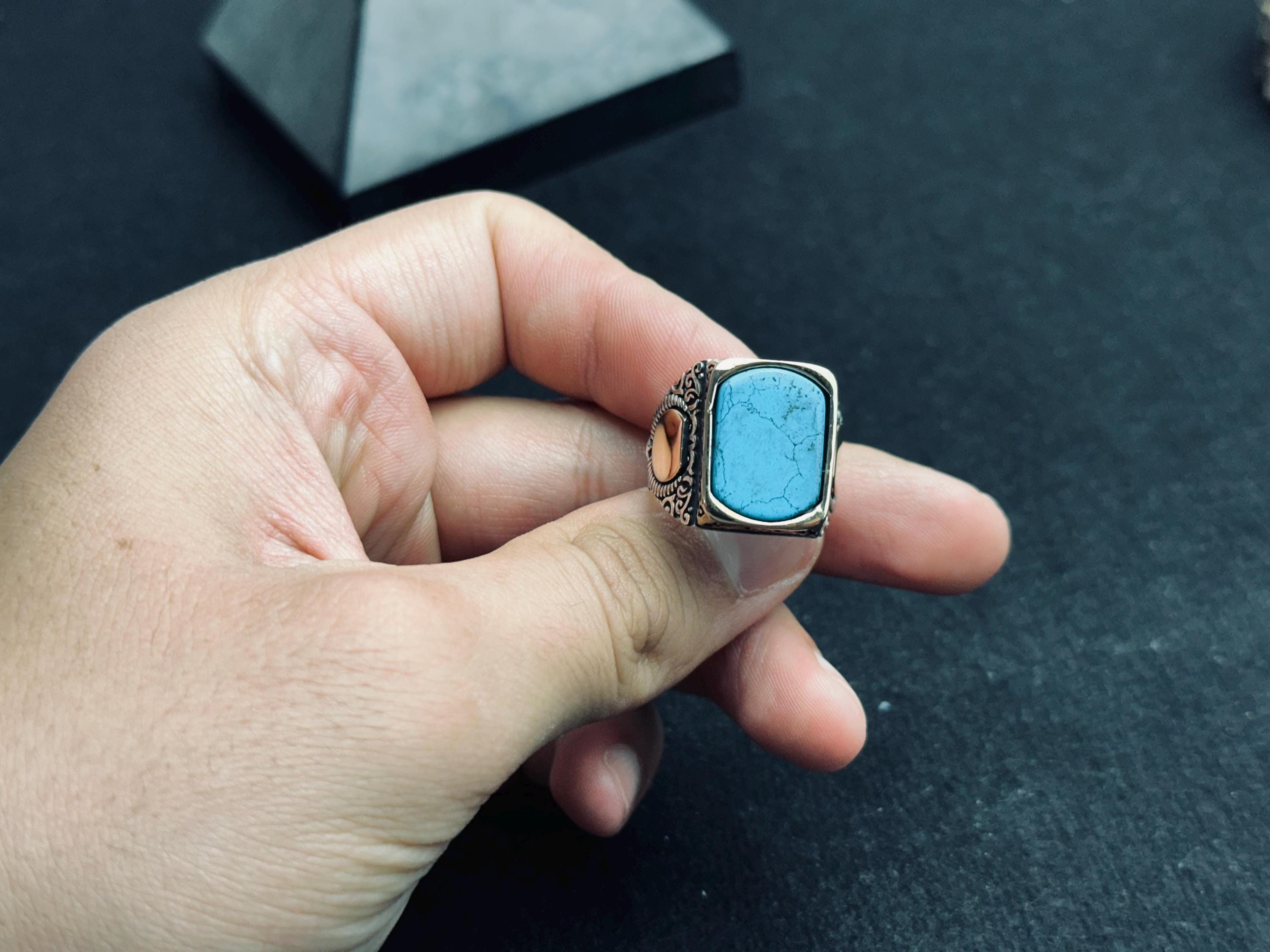 Men’s Turquoise Ring: Square Stone - Sterling Silver Boho Jewelry