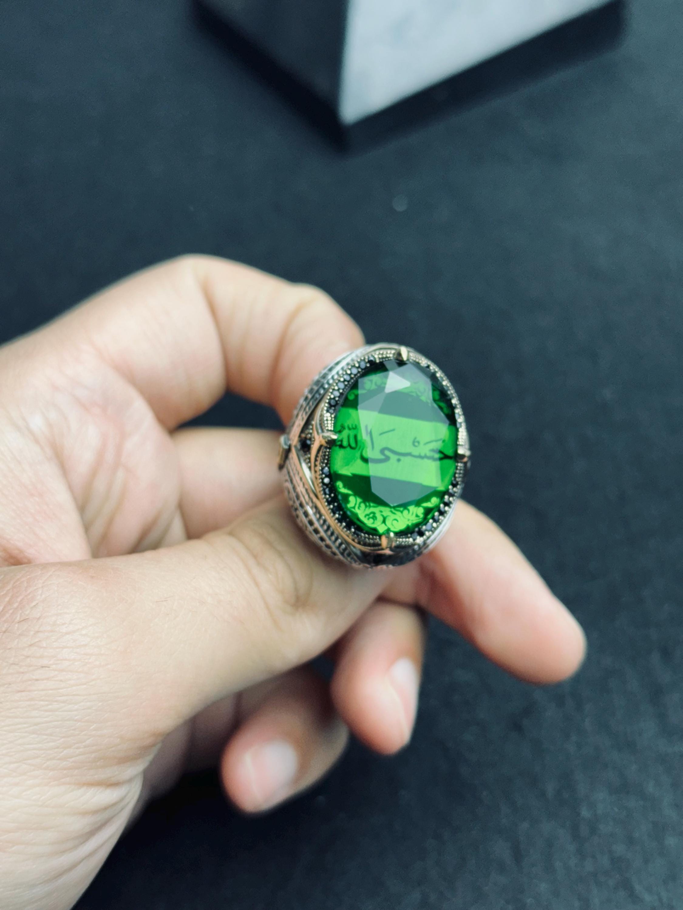 Emerald Islamic Ring: Sterling Silver, Quran Verse, Handmade