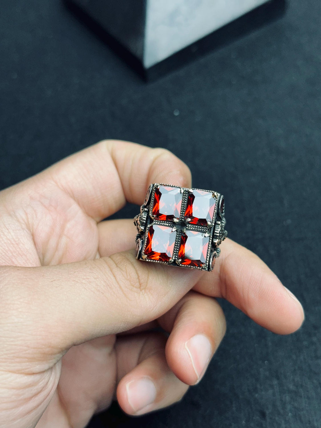 Men’s Ruby Ring, Sterling Silver, Bold Square Red Gemstone (Handmade)