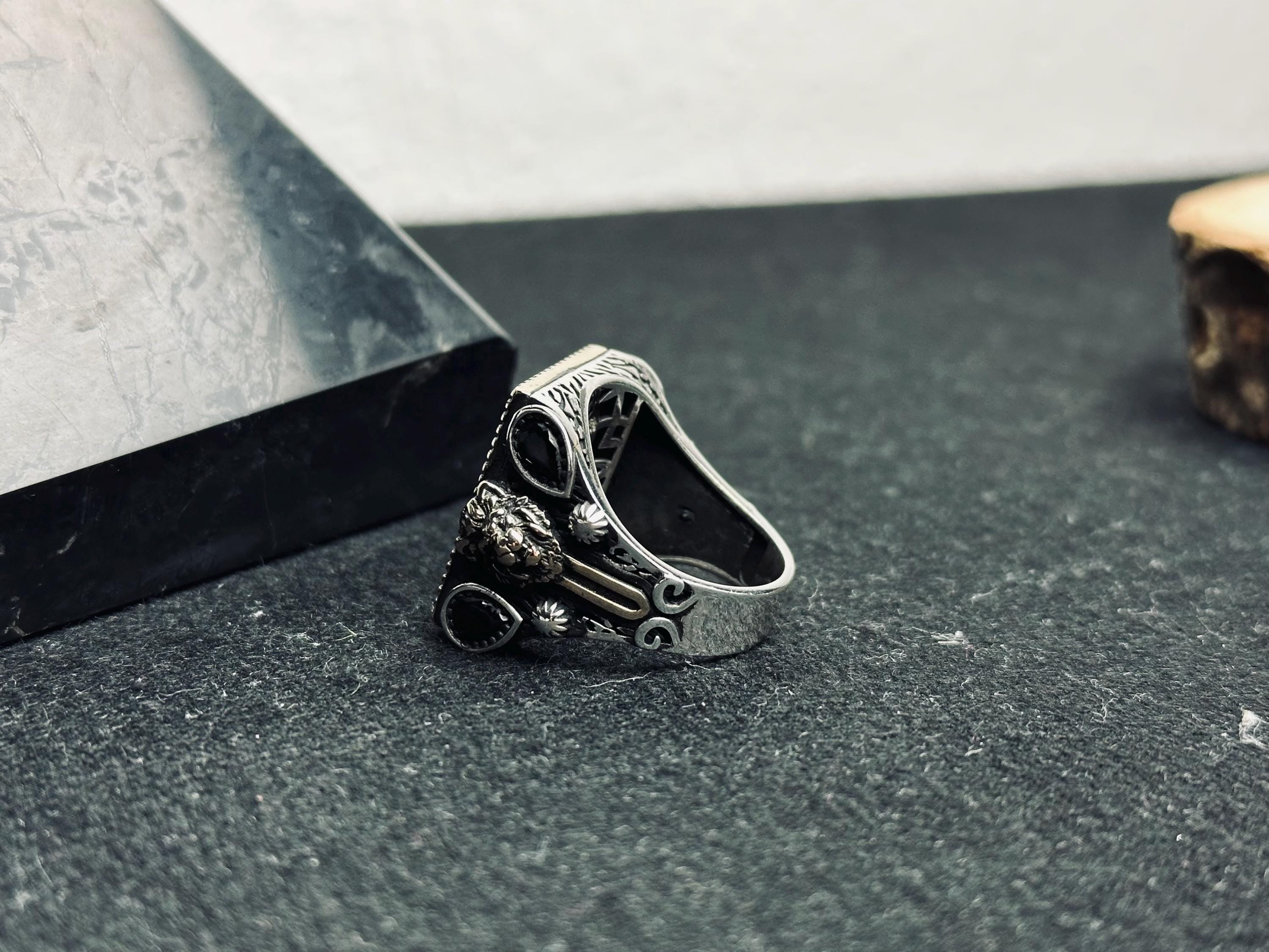 Men’s Silver Ring: Black Zircon Stones - Handmade Turkish Jewelry