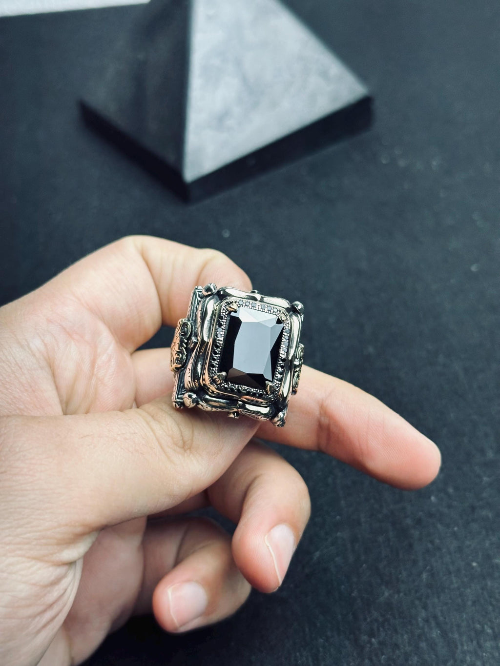 Men's Square Zircon Ring: Bold Black Stone (925 Sterling Silver)