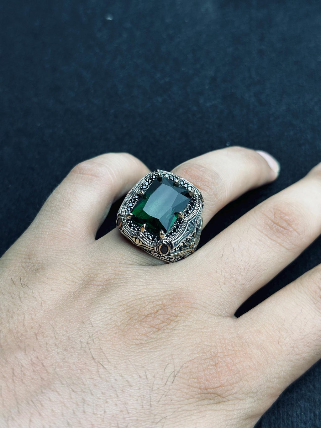 Emerald Men's Ring - Bold Handmade 925 Sterling Silver Turkish Style