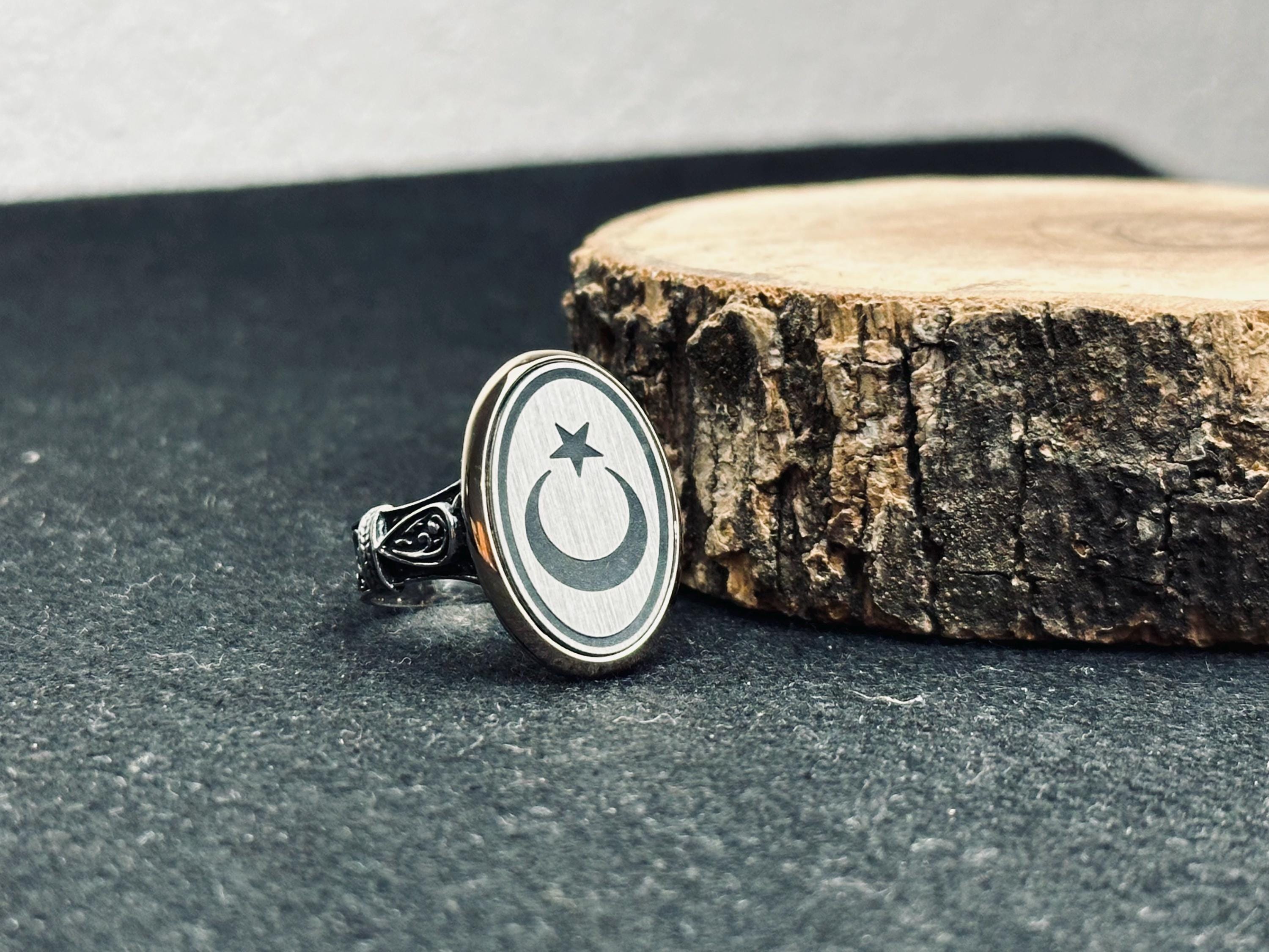 Moon and Star Men's Ring - Bold Oval Sterling Silver Band