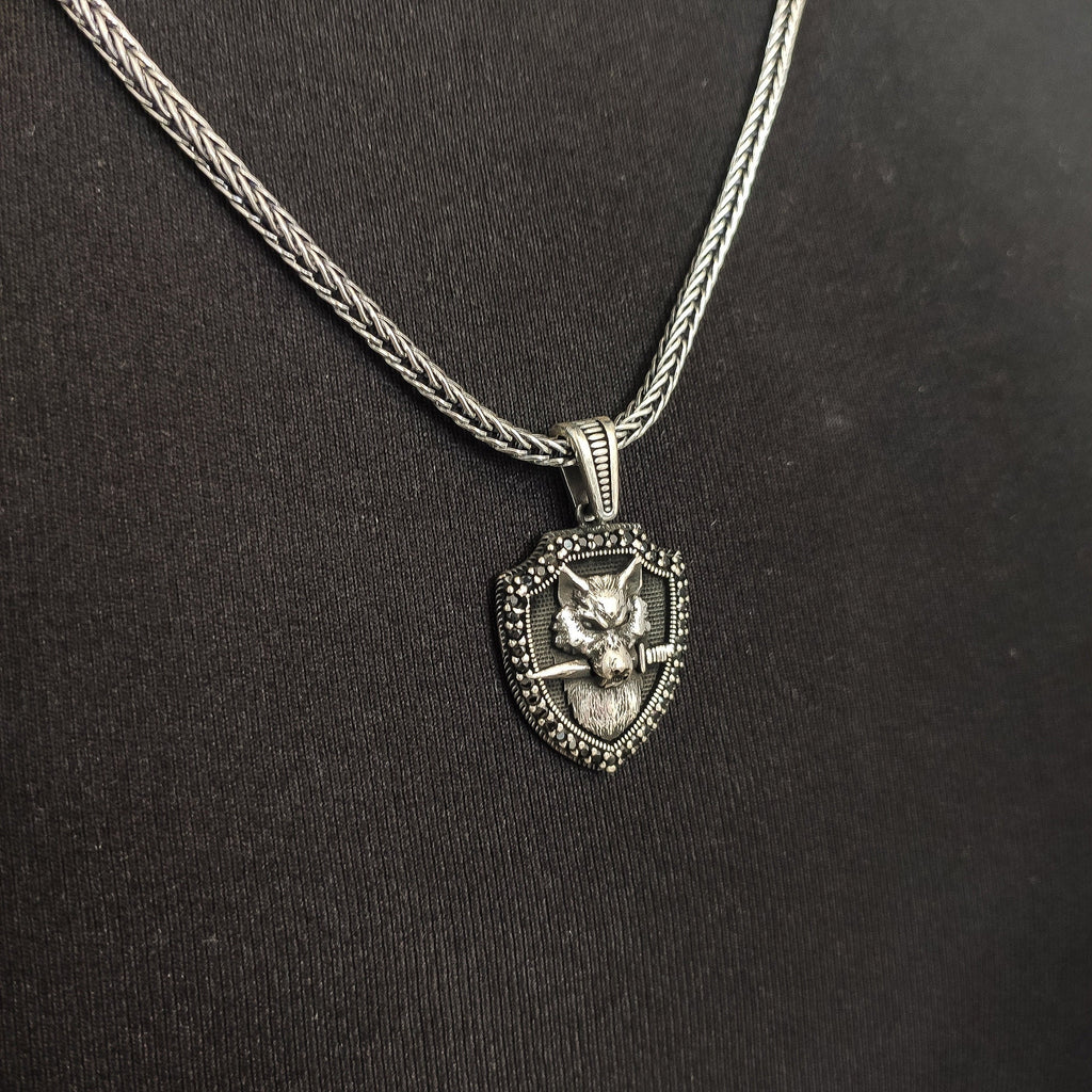 Wolf Shield Silver Necklace Pendant (Handmade, Men's Jewelry)