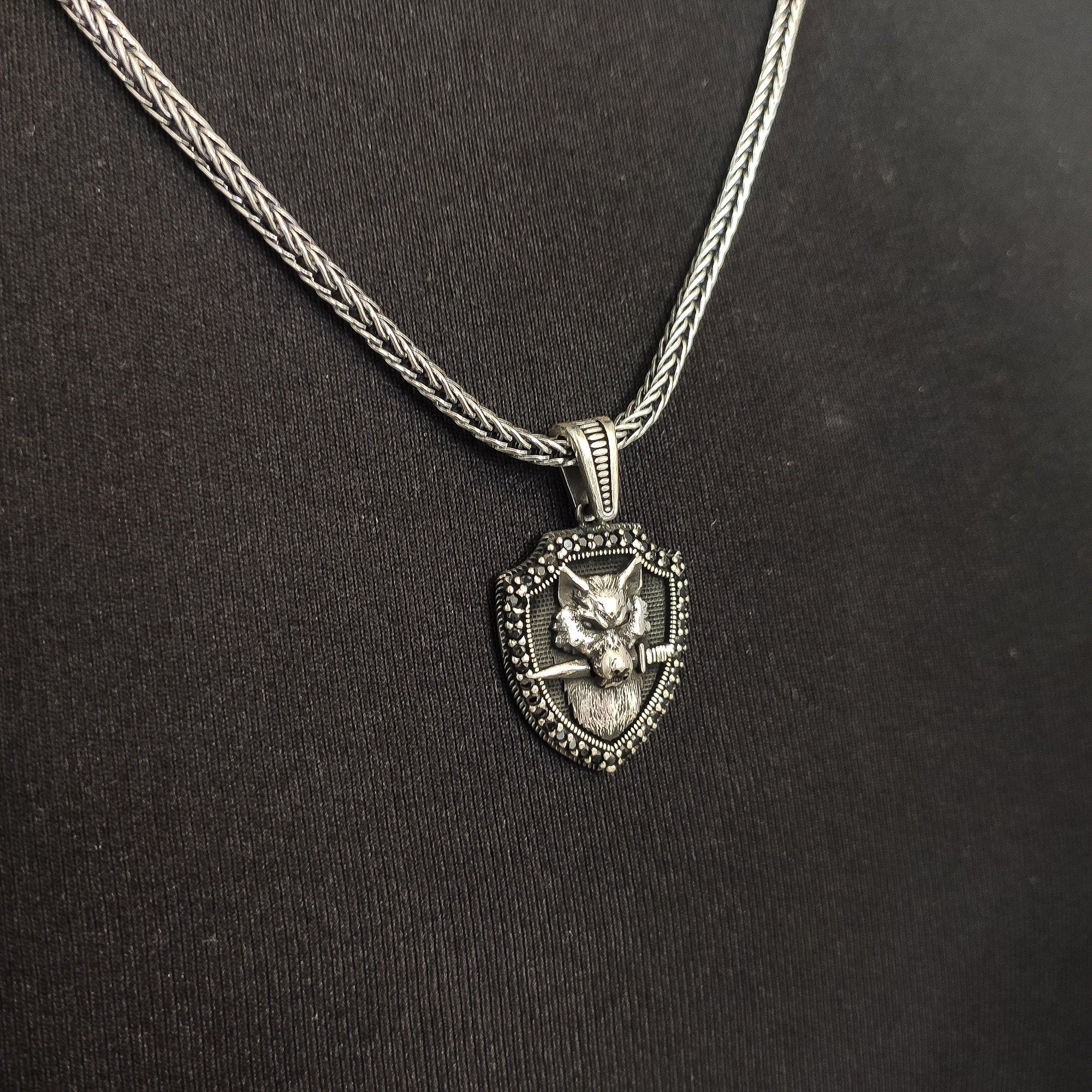 Wolf Shield Silver Necklace Pendant (Handmade, Men's Jewelry)