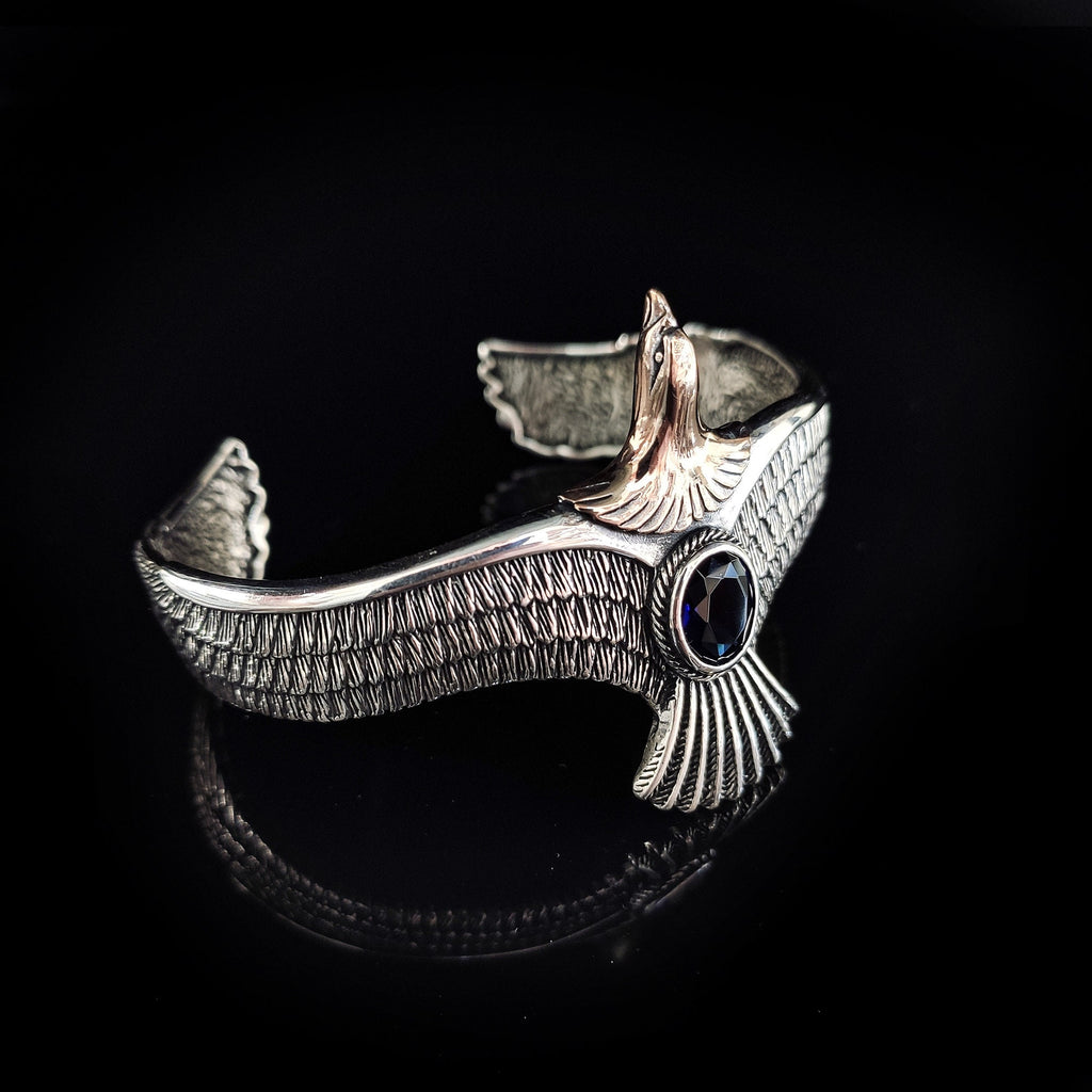 Sterling Silver Eagle Bracelet: Sapphire Stone, Handmade Men's Jewelry