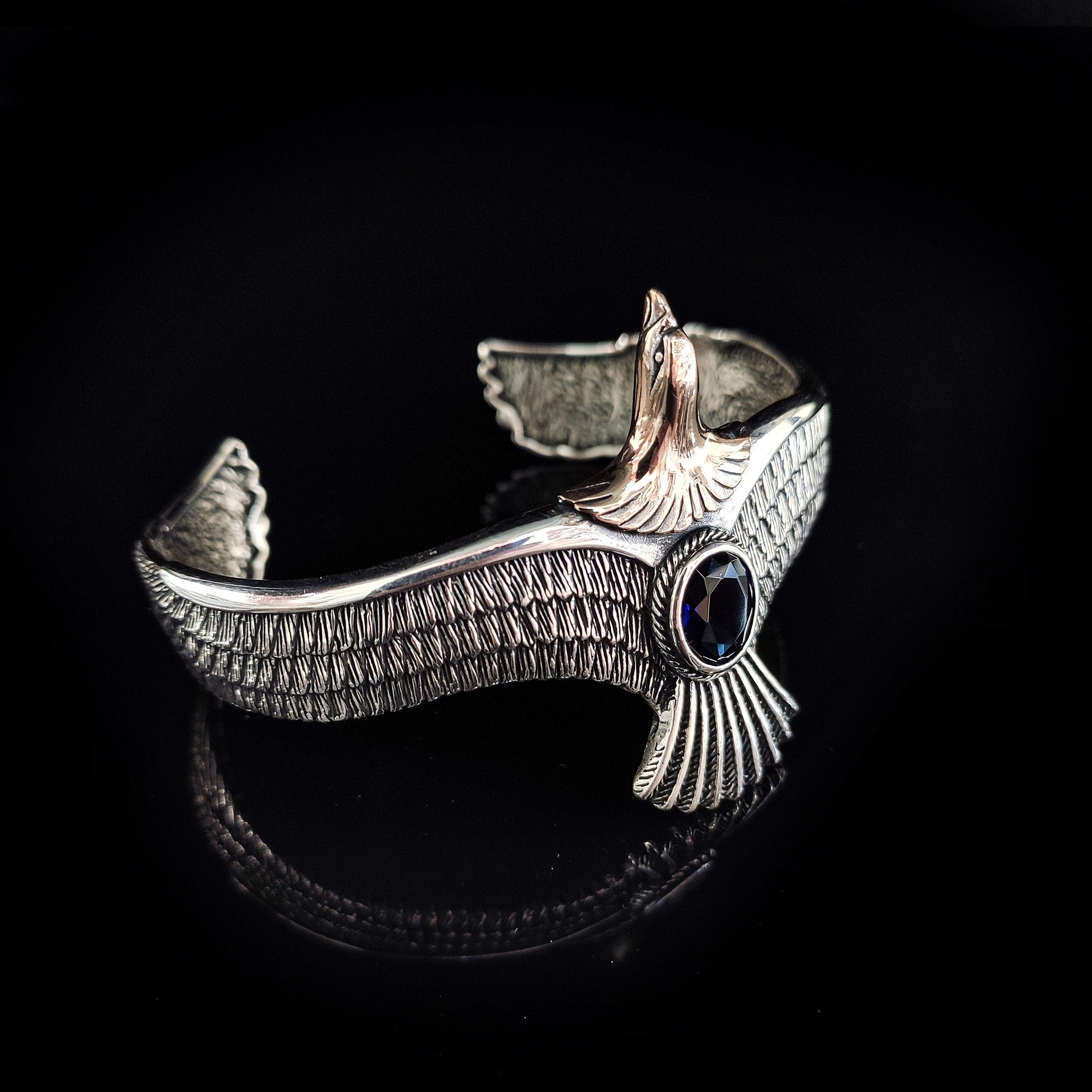 Sterling Silver Eagle Bracelet: Sapphire Stone, Handmade Men's Jewelry