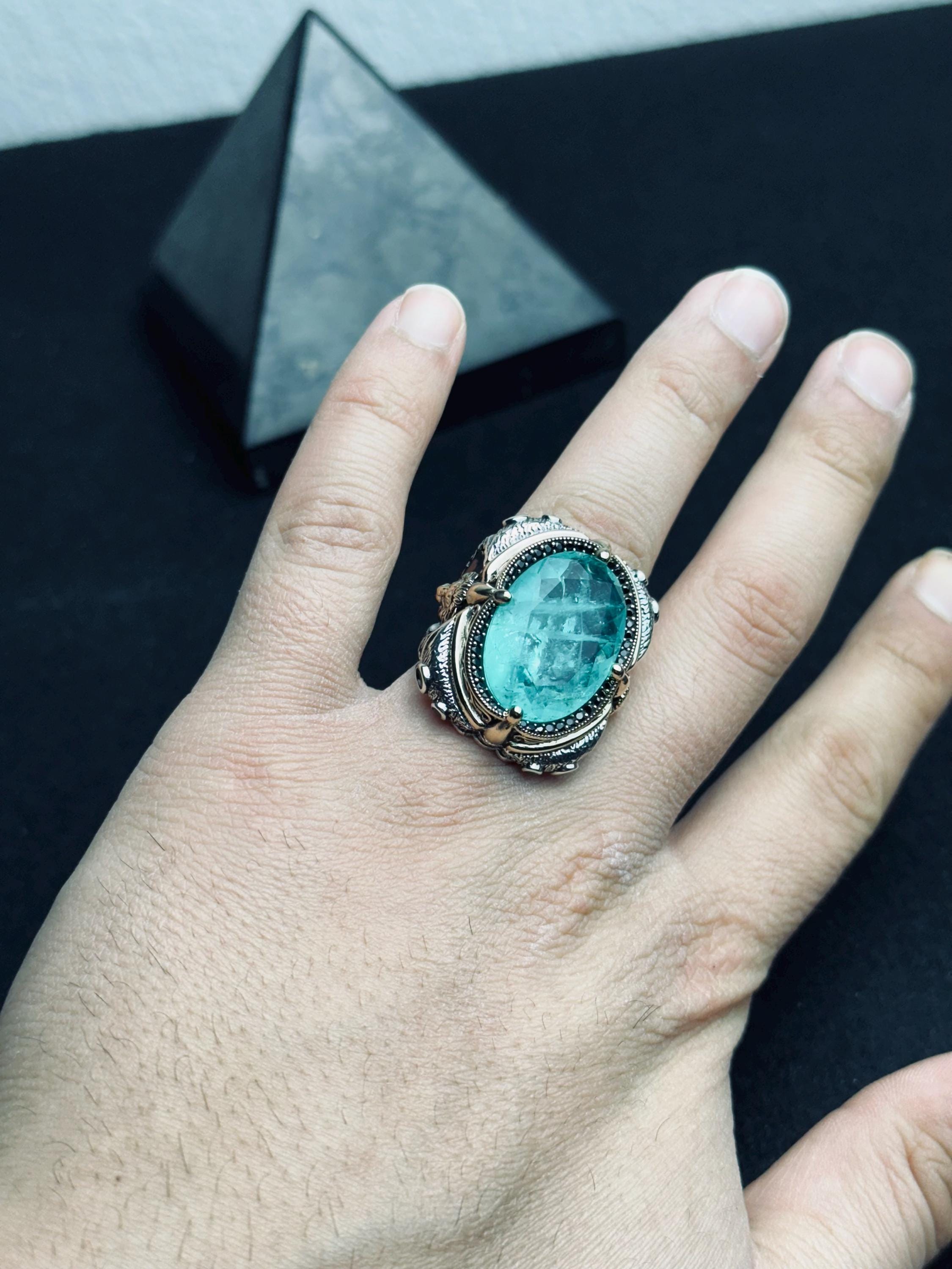 Blue Paraiba Lion Head Ring - Sterling Silver Handmade Men's Statement