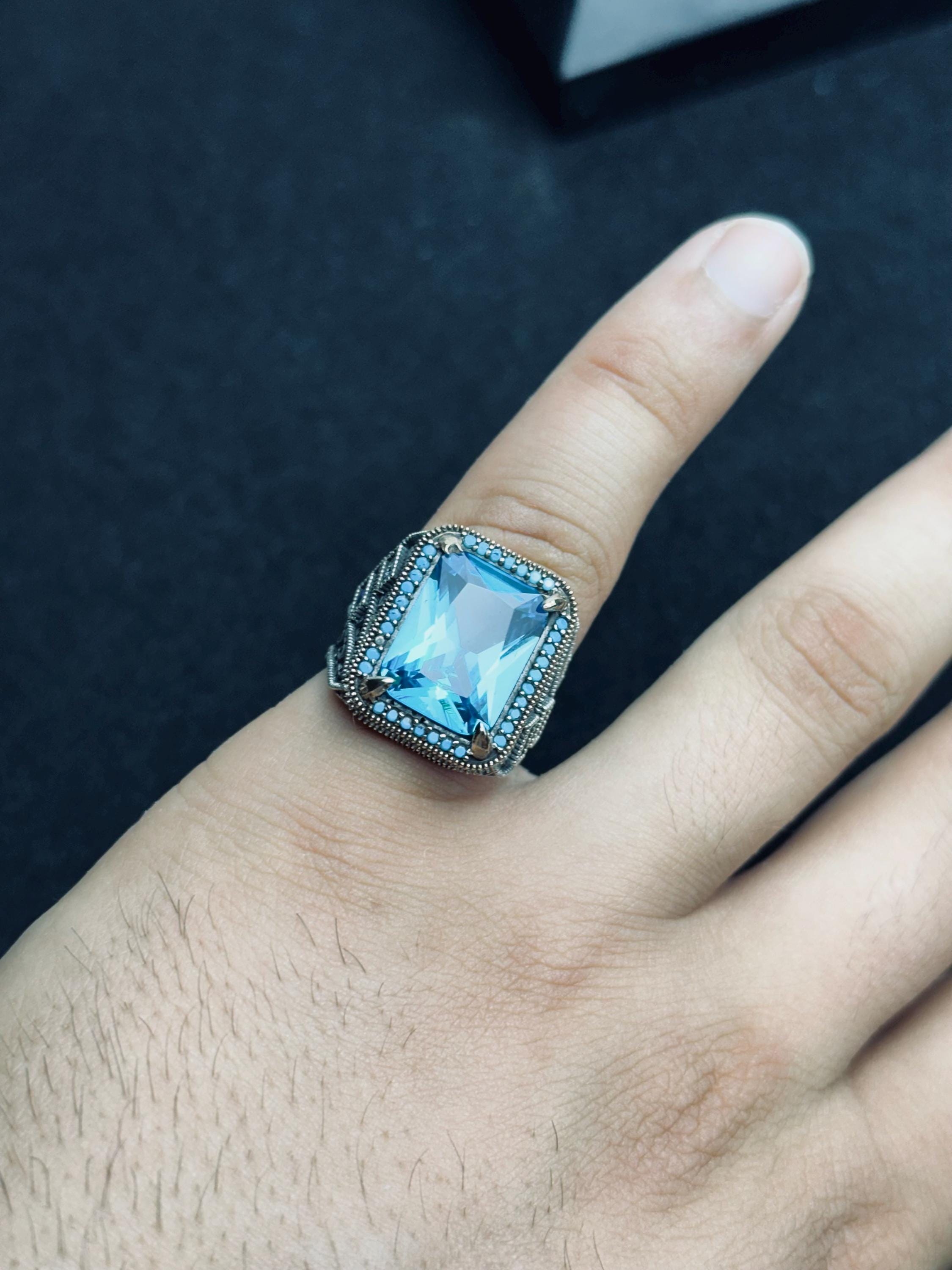 Men's Aquamarine Ring: Light Blue Gemstone - Sterling Silver