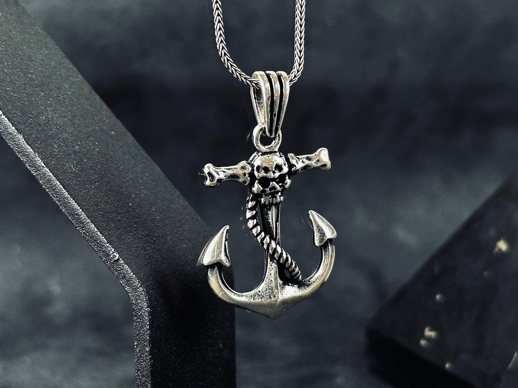Nautical Silver Necklace, Skull and Anchor Pendant (Adjustable Chain)