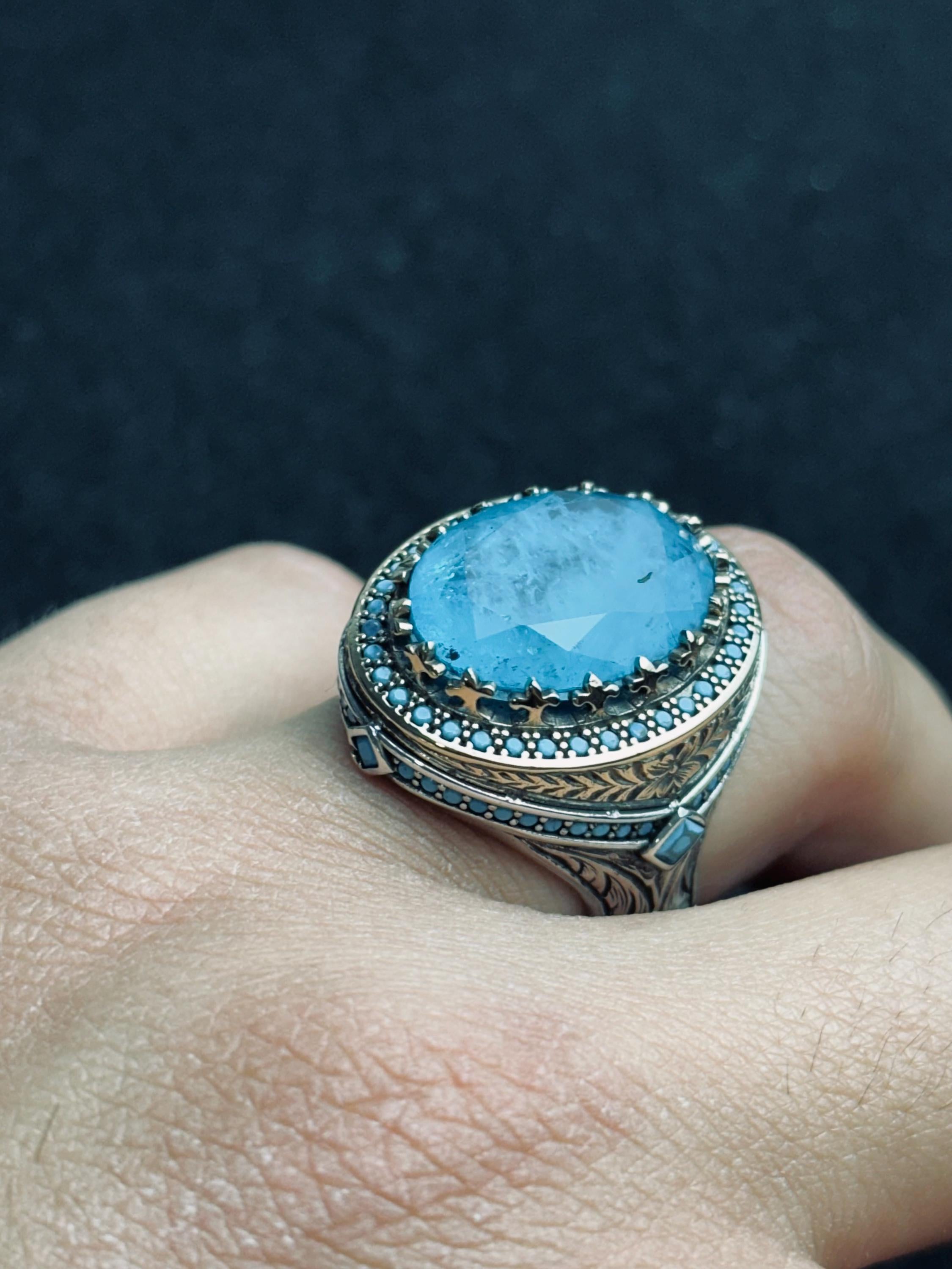 Men's Sterling Silver Signet Ring, Oval Aquamarine & Blue Paraiba (Handmade)