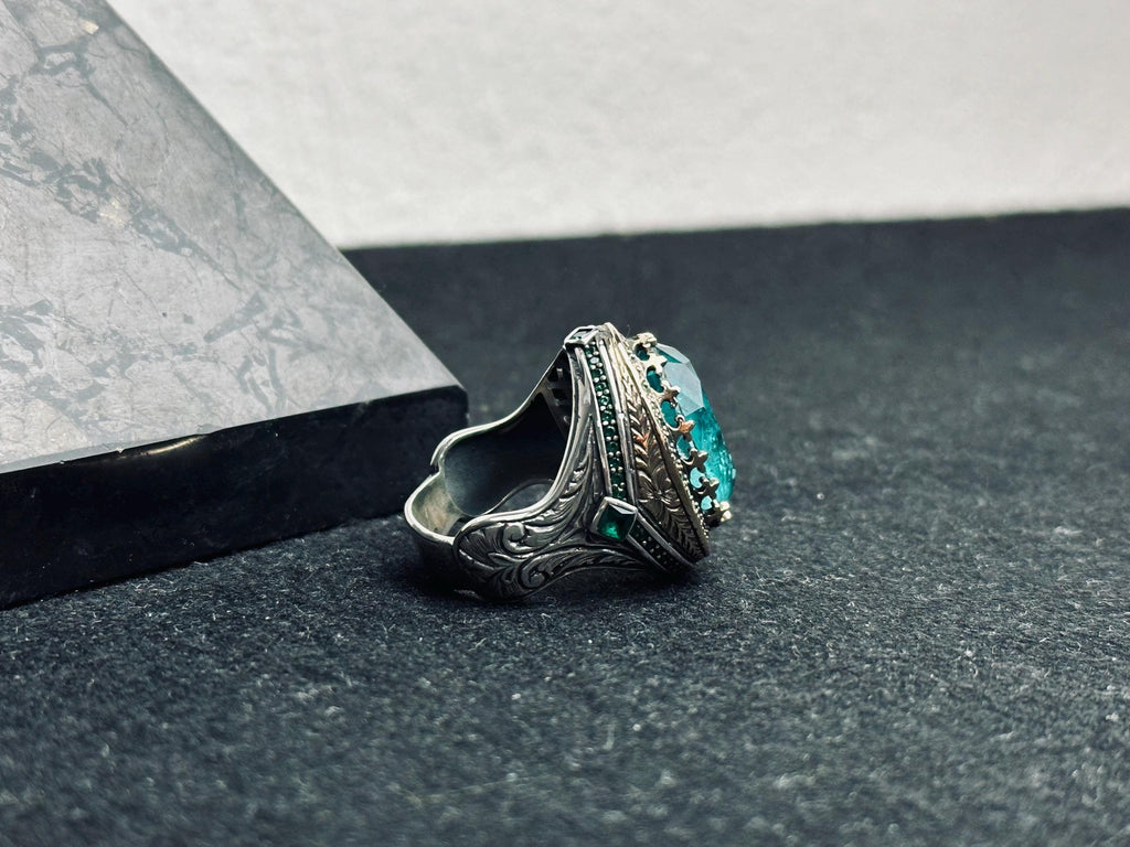 Oval Aquamarine Ring for Men - Sterling Silver Lion Head Signet
