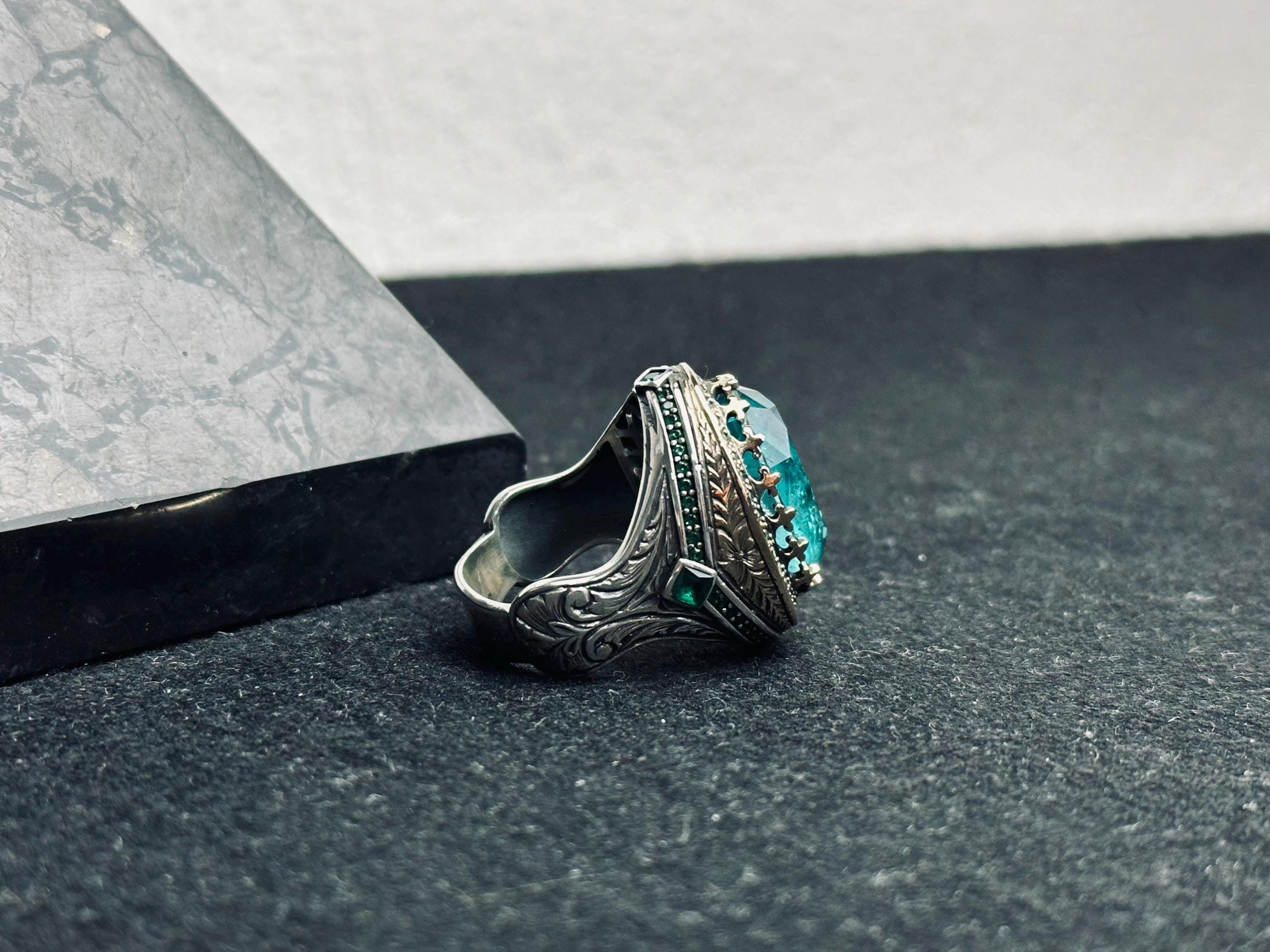 Oval Aquamarine Ring for Men - Sterling Silver Lion Head Signet