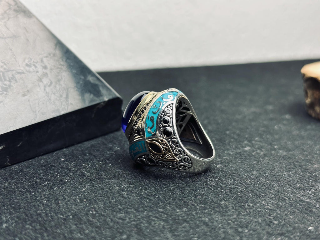 Islamic Silver Ring: Blue Zircon Oval Stone (Handmade Turkish Jewelry)