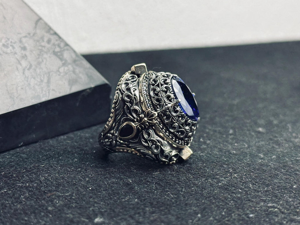 Blue Sapphire Ring 925 Sterling Silver Men Statement Ring Handmade Luxury Jewelry