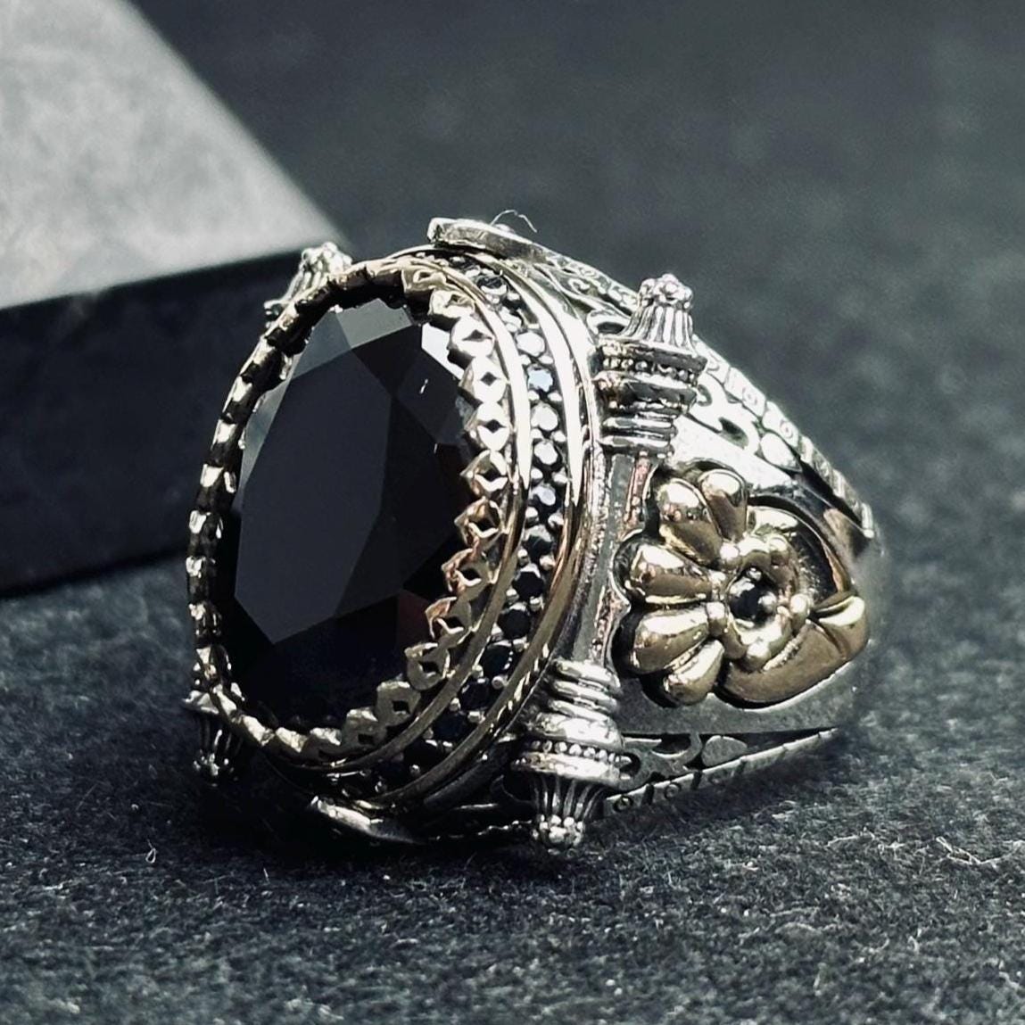 Men's Statement Silver Ring - Black Zircon, Ottoman Style