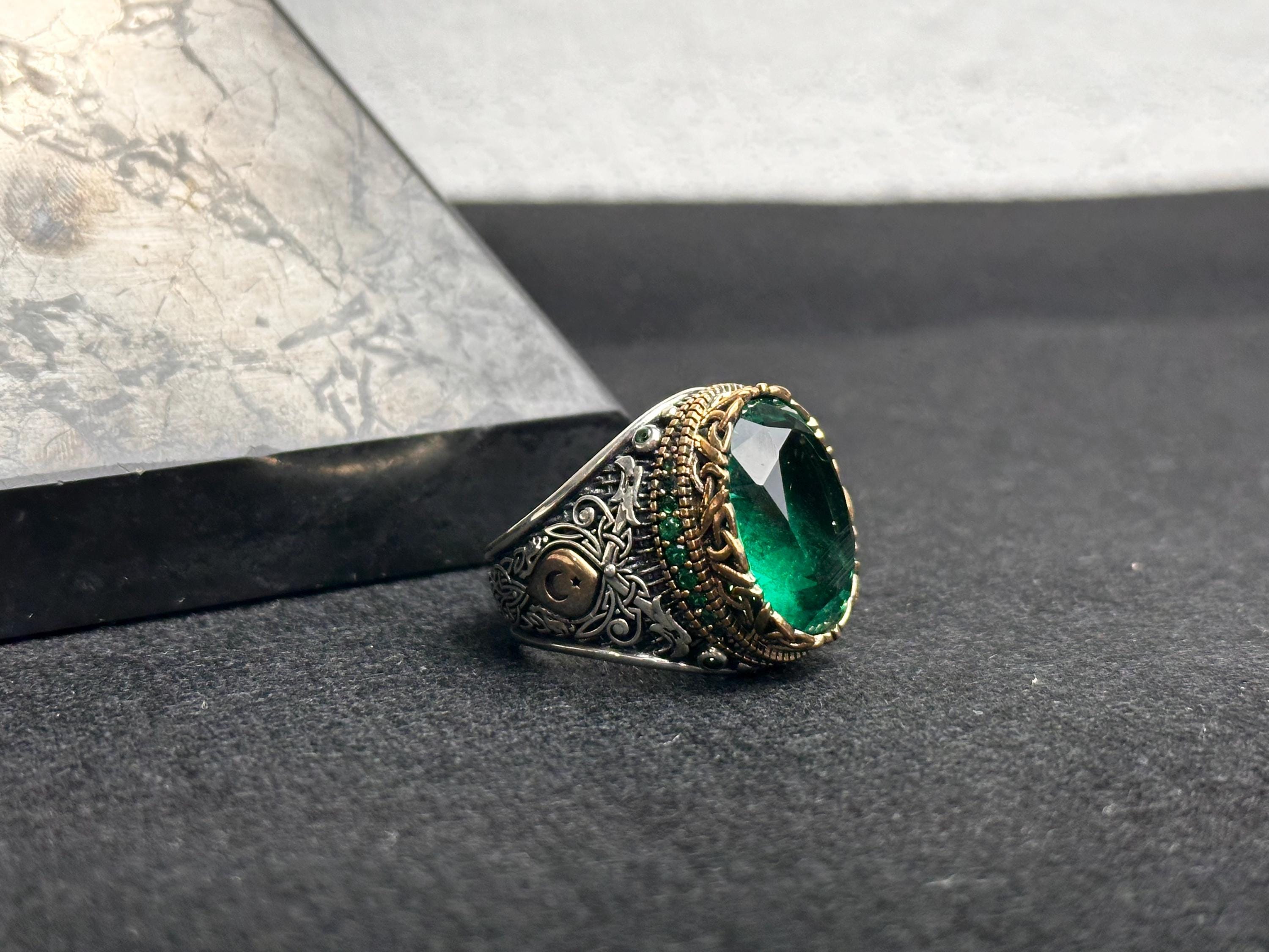 Oxidized Sterling Silver Ring - Green Cubic Zirconia Stone for Men