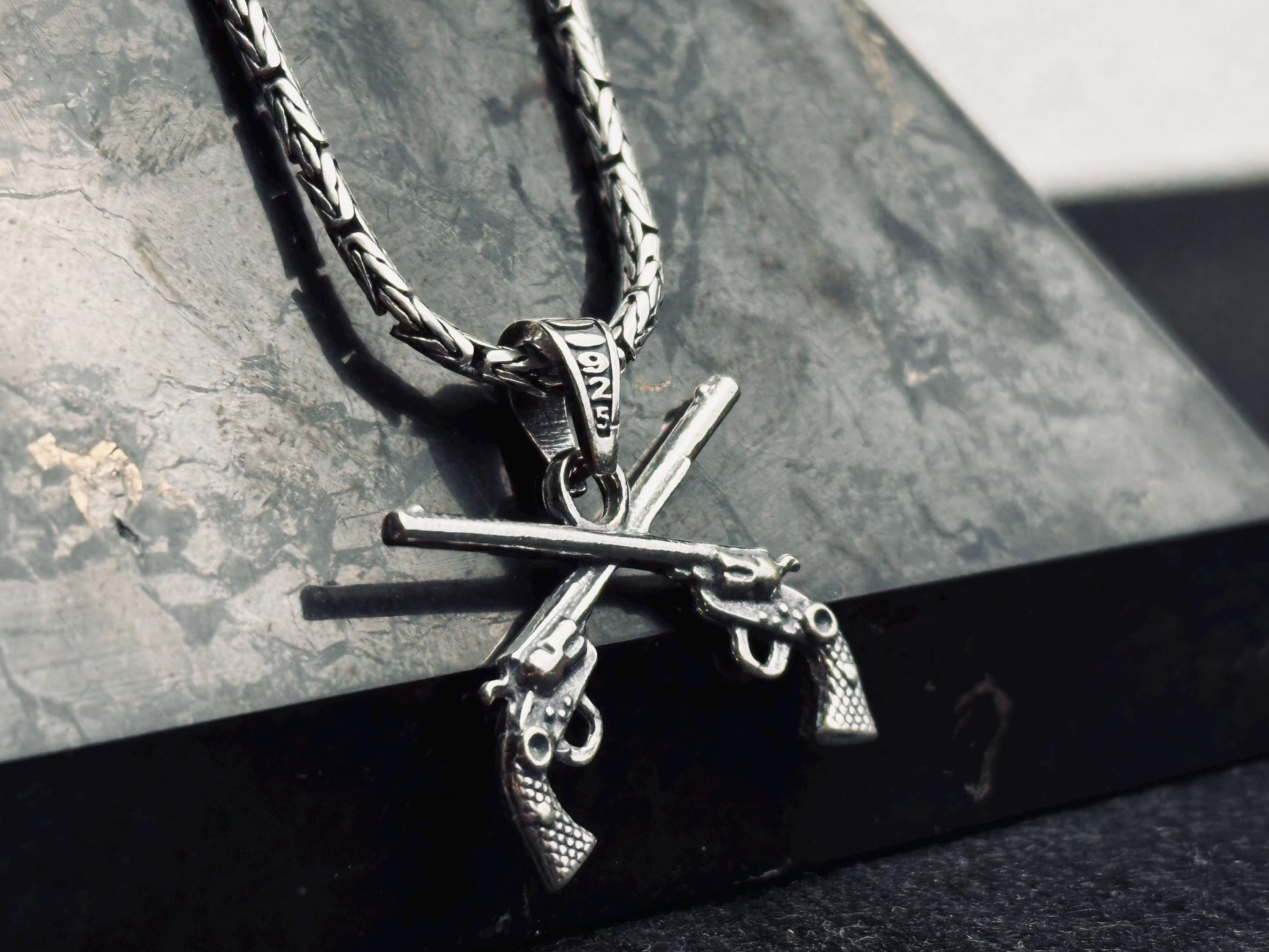 Gun Necklace, Sterling Silver Revolver Pendant, Six Shooter Charm (Adjustable Chain)