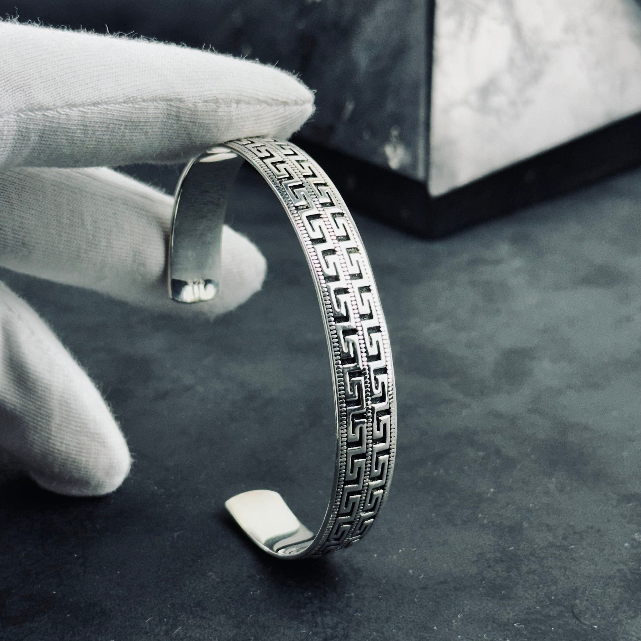 Sterling Silver Greek Key Bracelet - Handmade Unisex Cuff